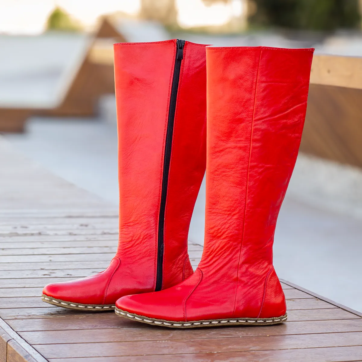 Red Women's Leather Barefoot Earthing Long Boots