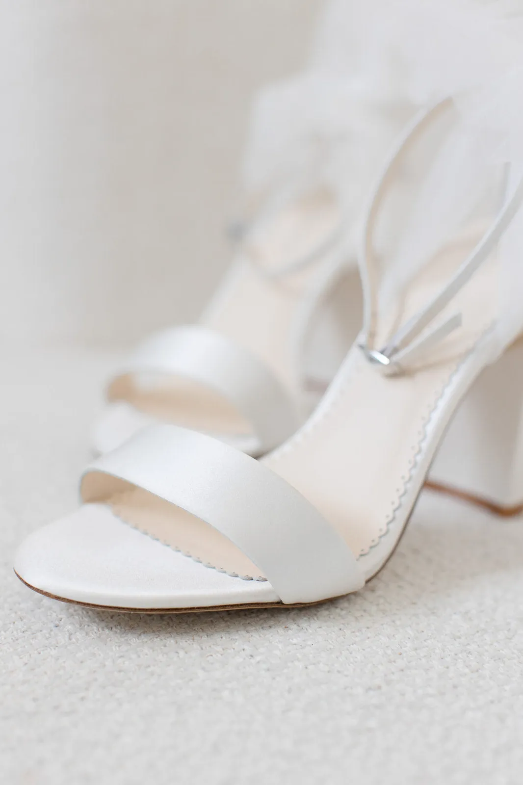 Reina - Ivory Open Toe Tulle Bow Block Heel Sandals with Ankle Straps