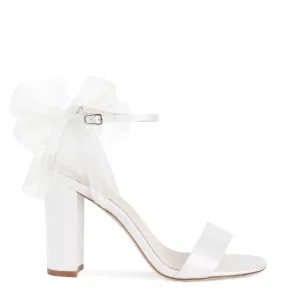 Reina - Ivory Open Toe Tulle Bow Block Heel Sandals with Ankle Straps