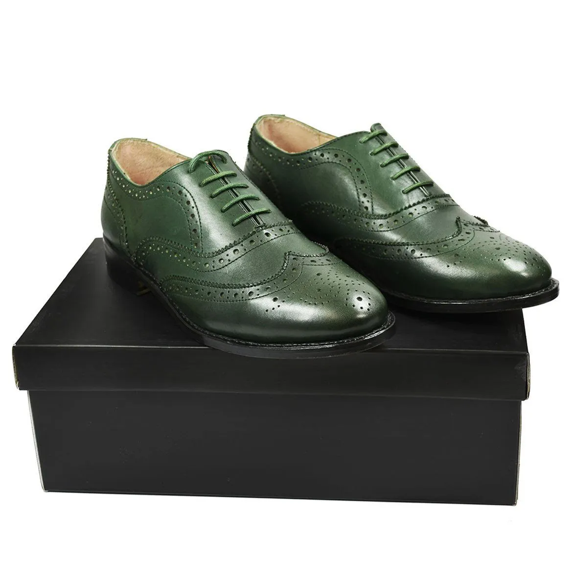 SEBASTIAN Full Brogue Oxford Leather Shoes in Pine Green