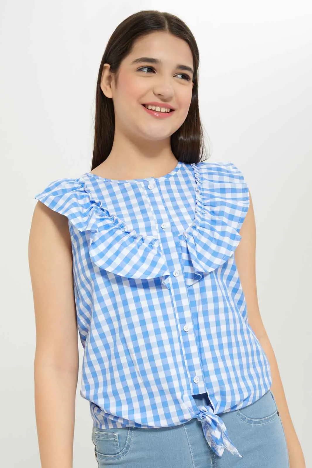 Senior Girls Blue And White Checkered Blouse