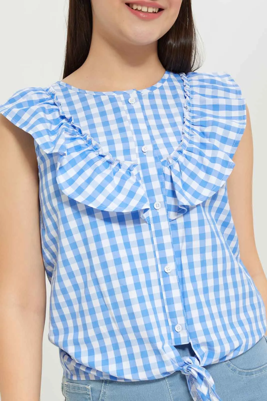 Senior Girls Blue And White Checkered Blouse