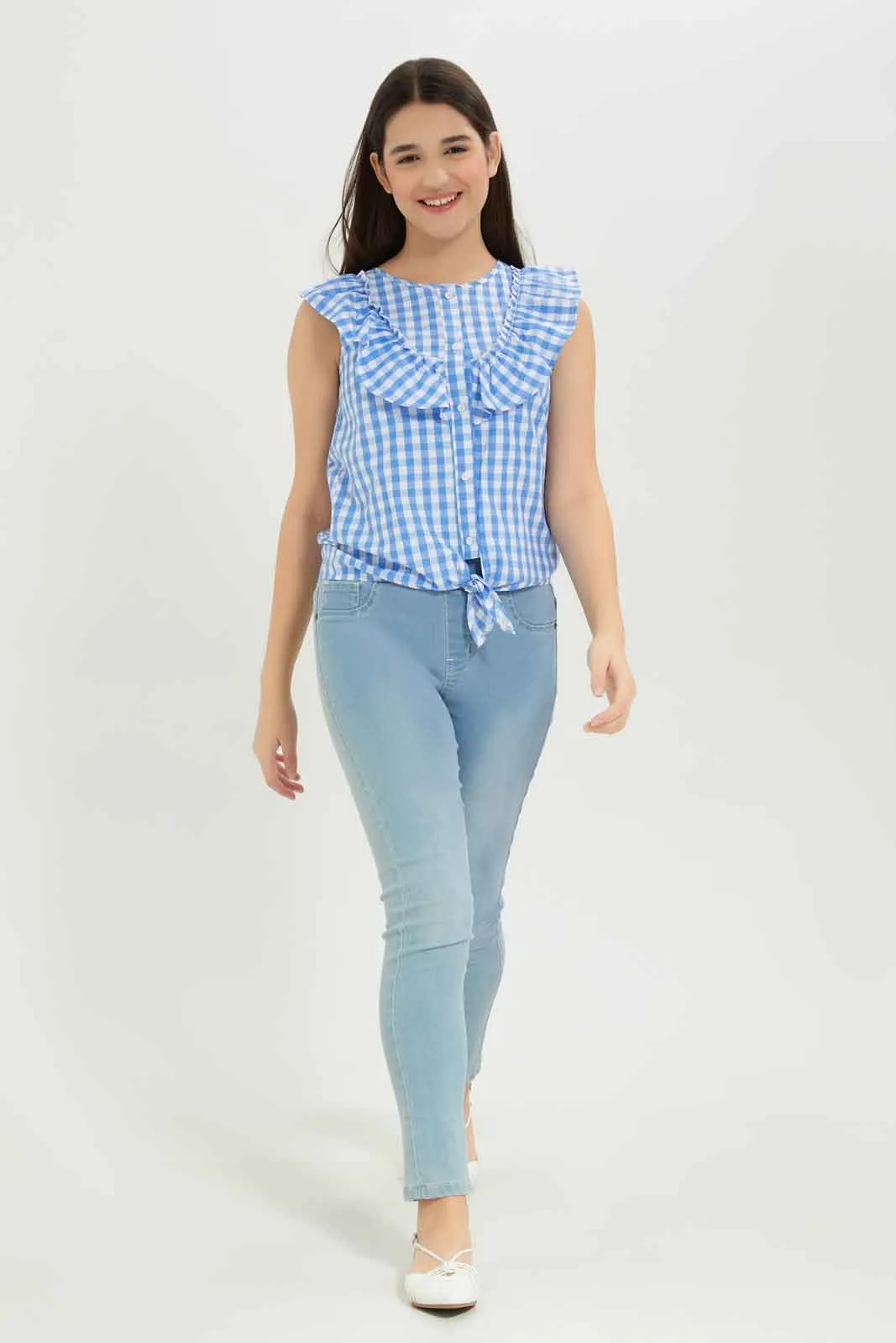 Senior Girls Blue And White Checkered Blouse