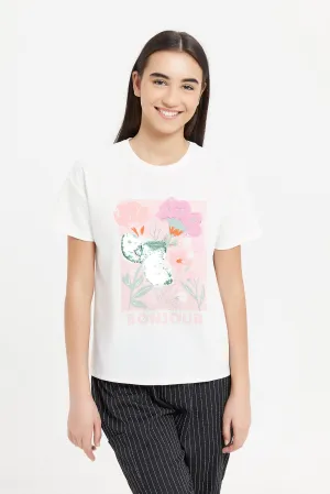 Senior Girls White Sequins T-Shirt