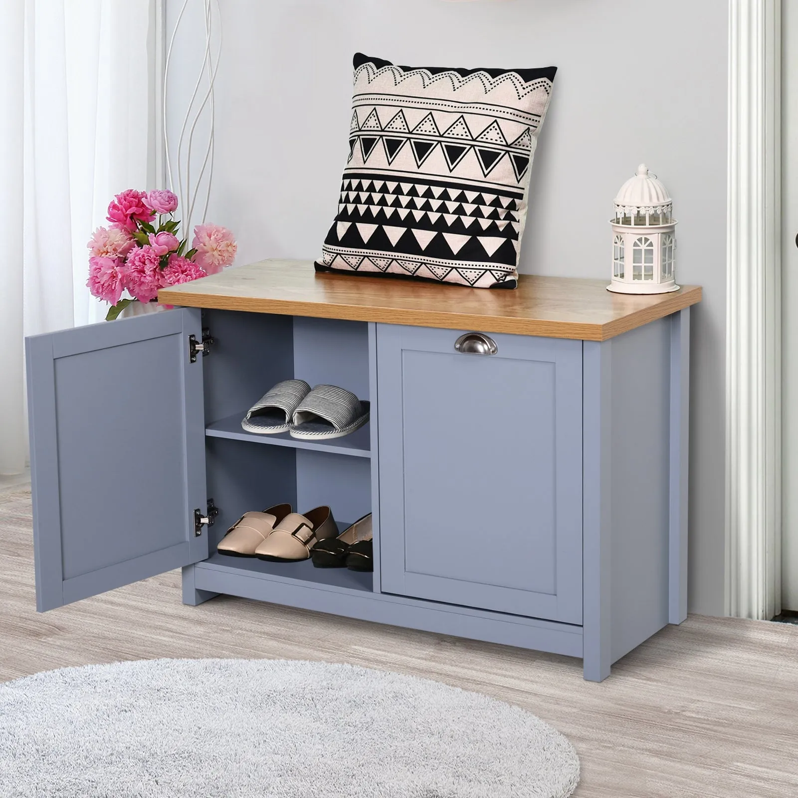 Shoe Cabinet, 2 Doors Hallway Cupboard, Storage Organiser with Shelf, Entryway Shoe Bench, Bathroom Furniture, Grey