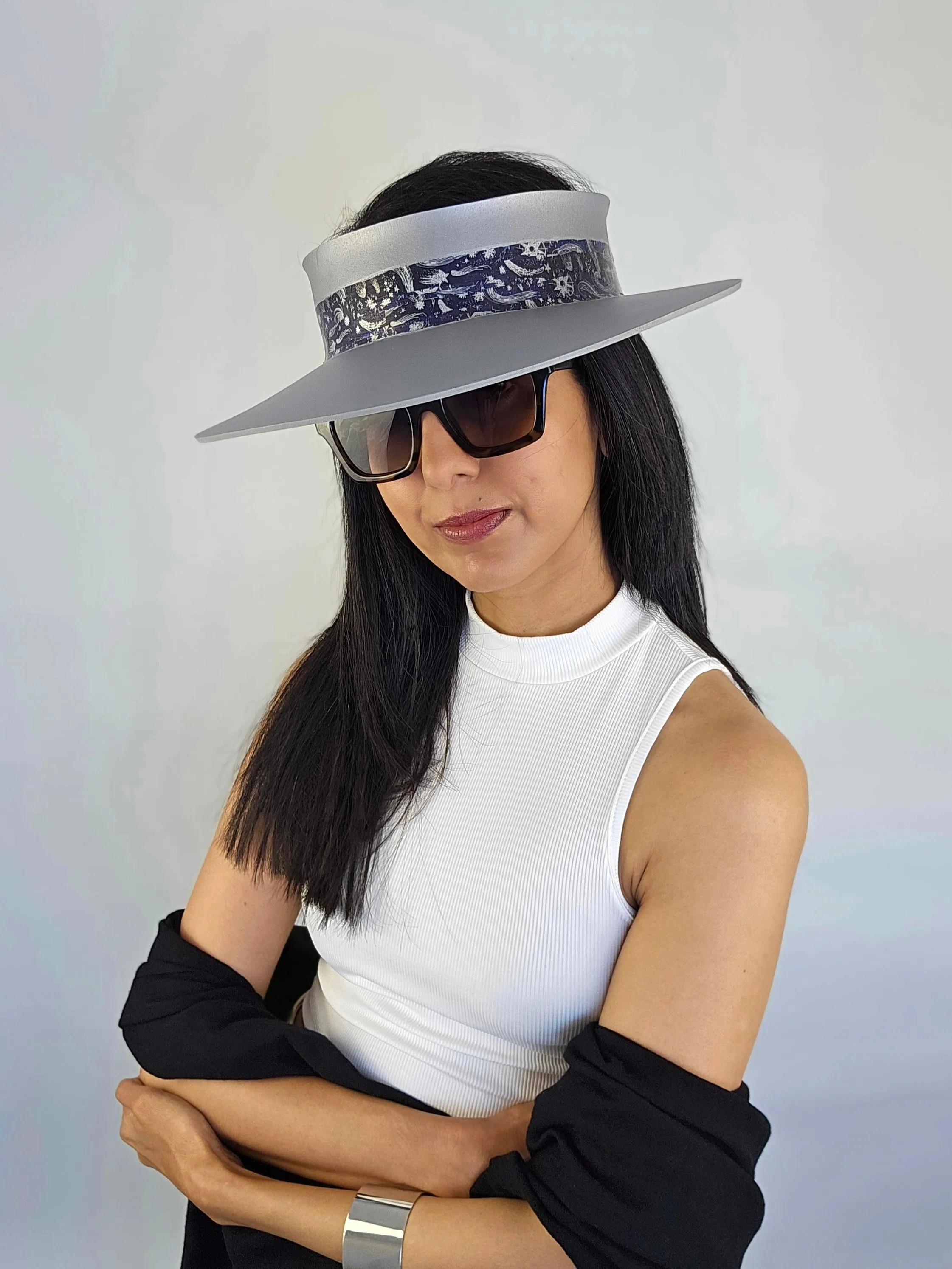 Silver "LadyEVA" Visor Hat with Dark Blue and Silver Celestial Themed Band