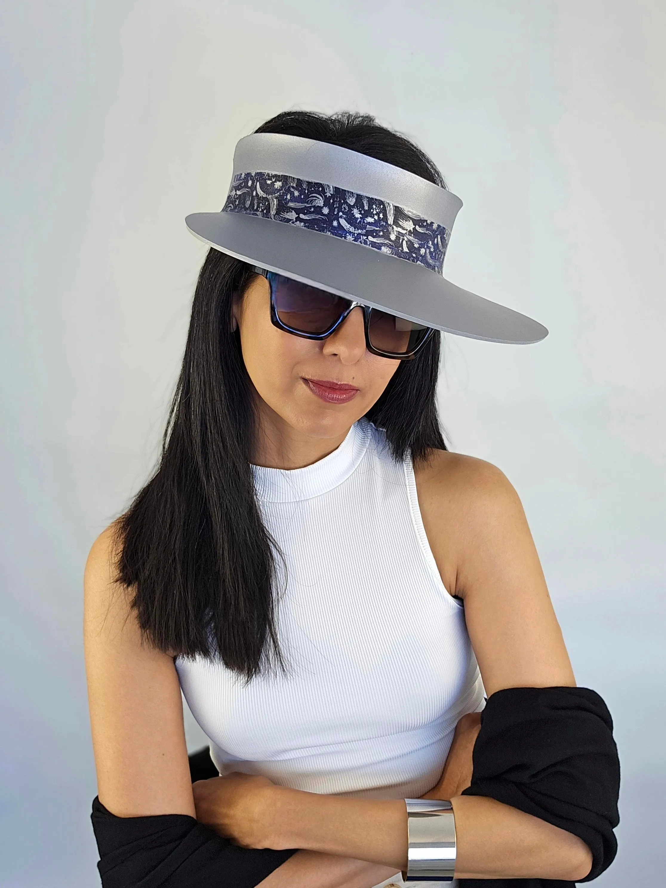 Silver "LadyEVA" Visor Hat with Dark Blue and Silver Celestial Themed Band