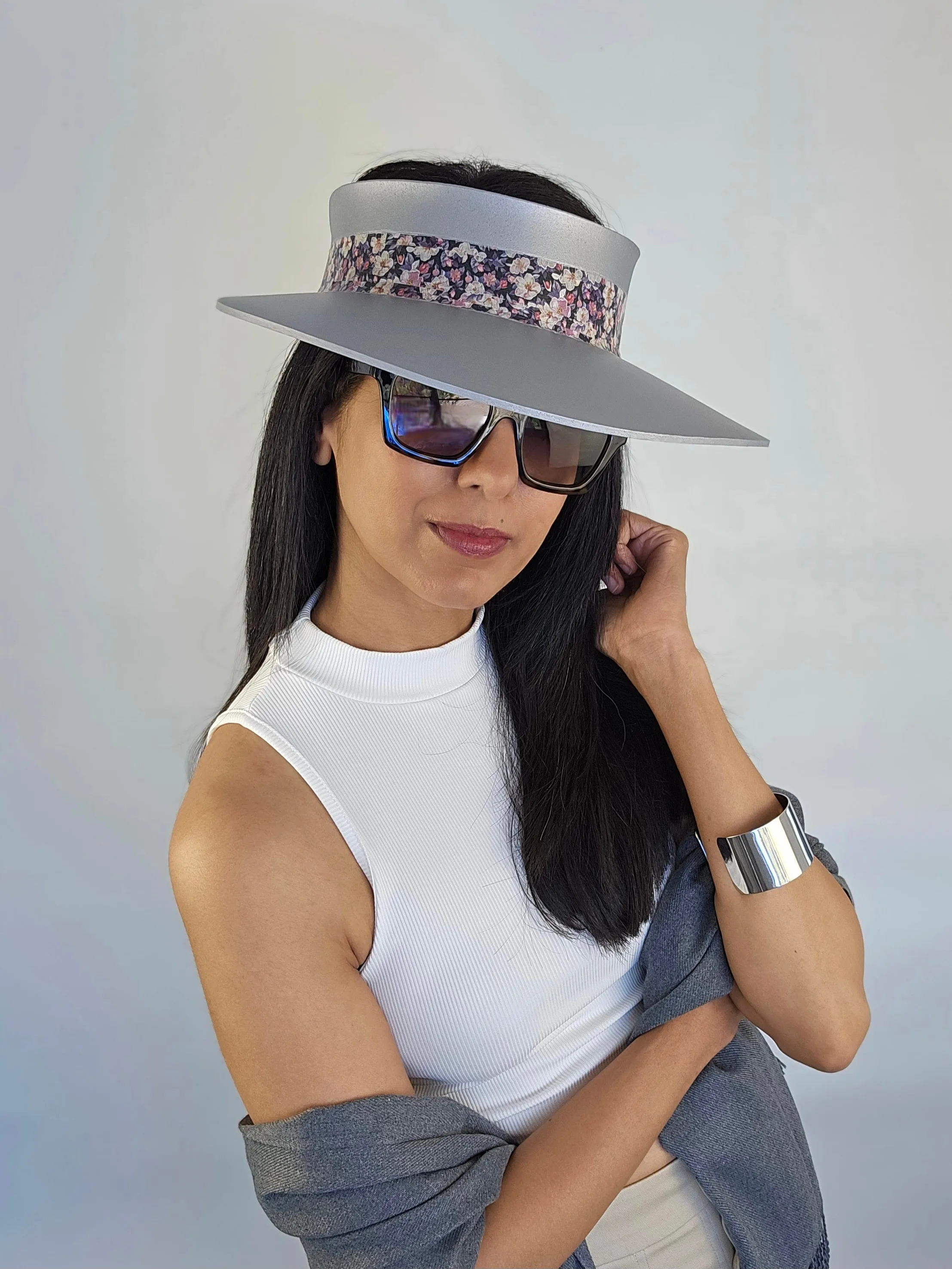 Silver "LadyEVA" Visor Hat with Lovely Dark Floral Band