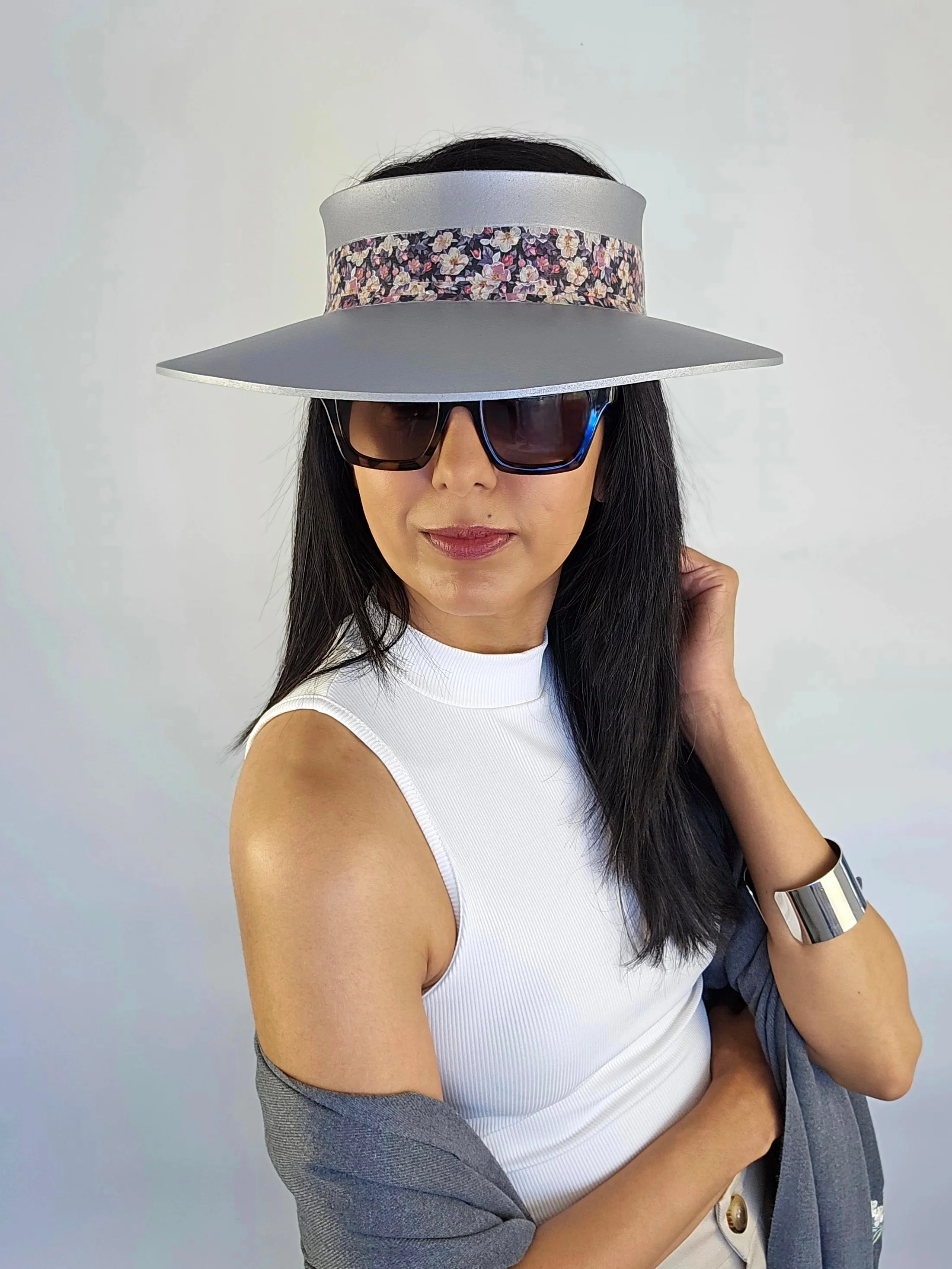 Silver "LadyEVA" Visor Hat with Lovely Dark Floral Band