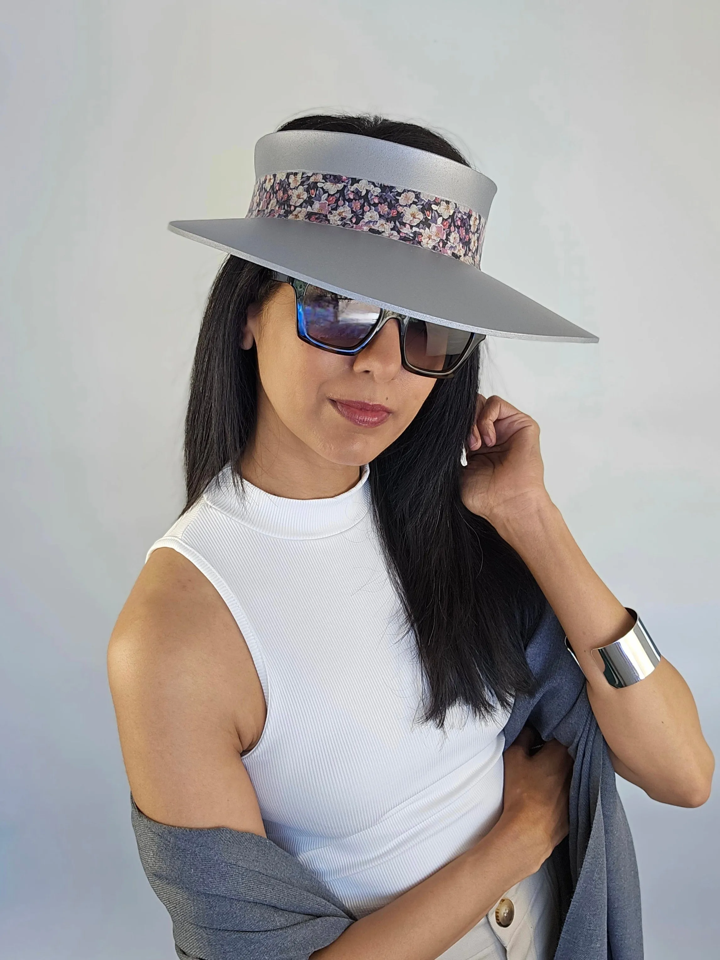 Silver "LadyEVA" Visor Hat with Lovely Dark Floral Band