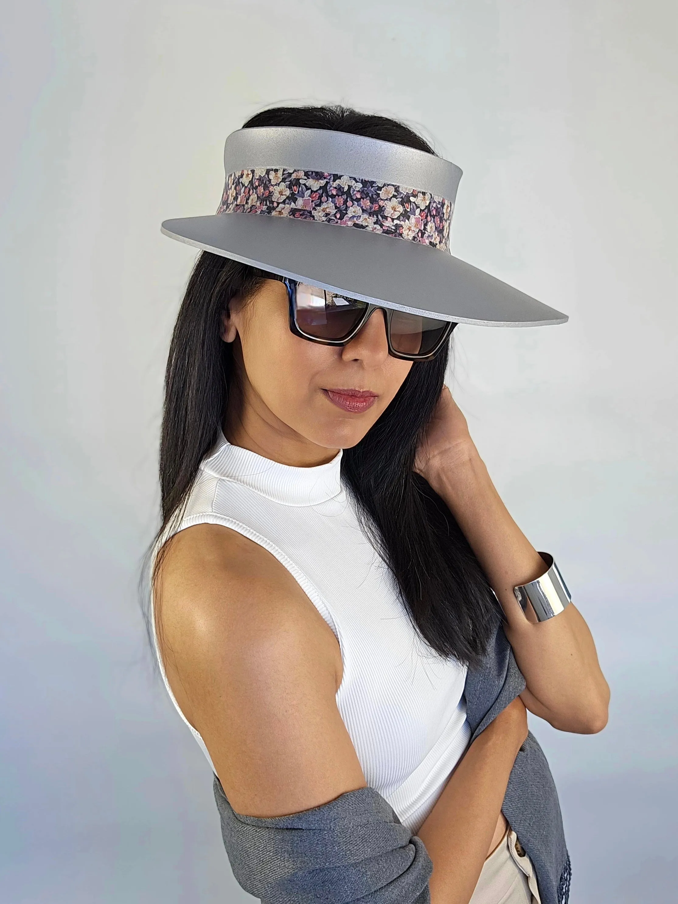 Silver "LadyEVA" Visor Hat with Lovely Dark Floral Band