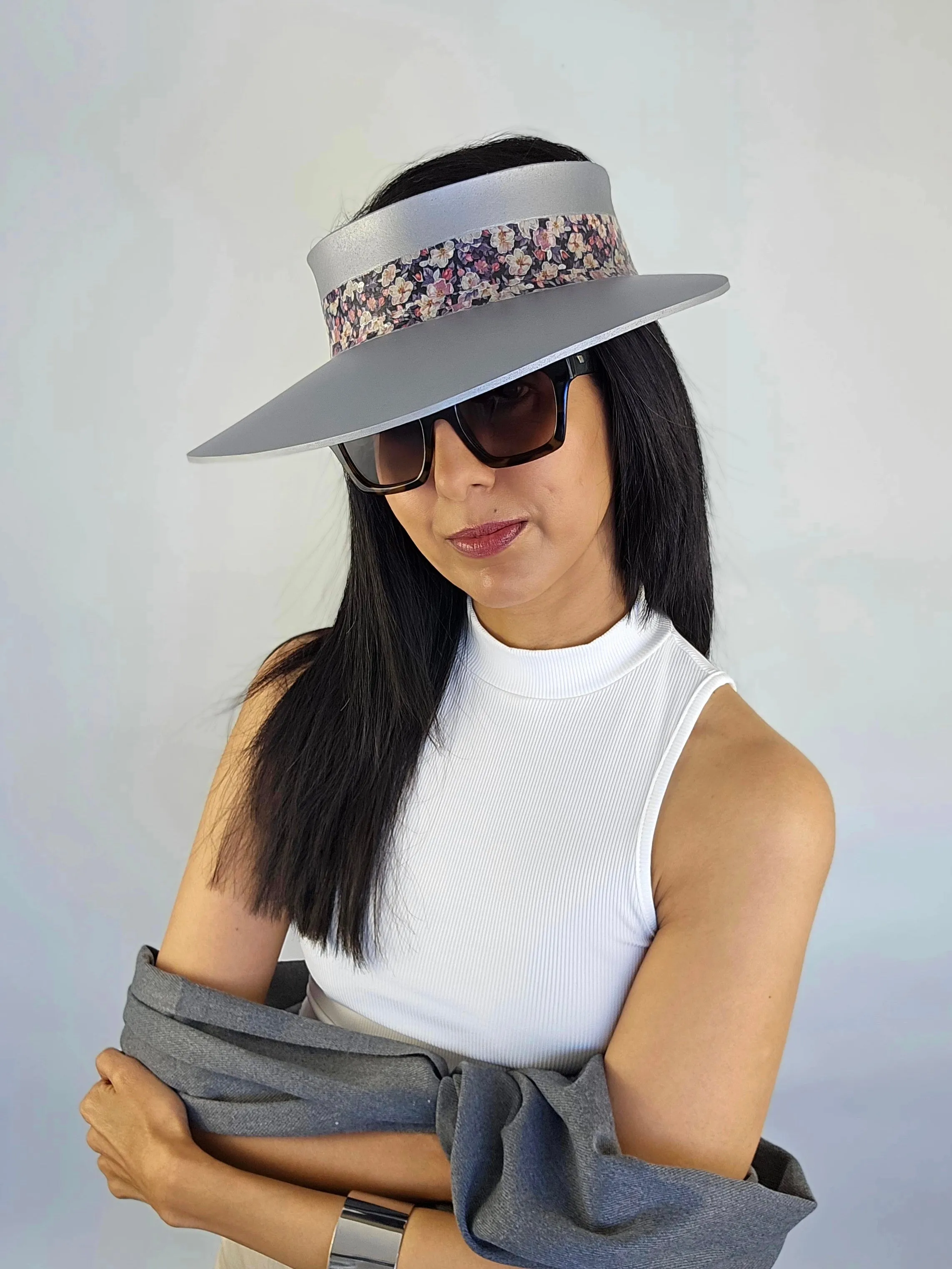 Silver "LadyEVA" Visor Hat with Lovely Dark Floral Band