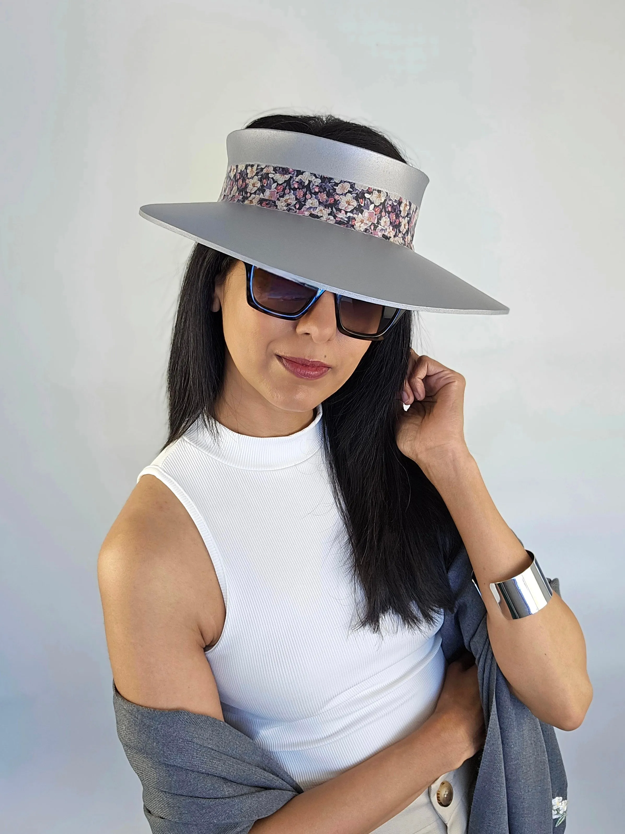 Silver "LadyEVA" Visor Hat with Lovely Dark Floral Band