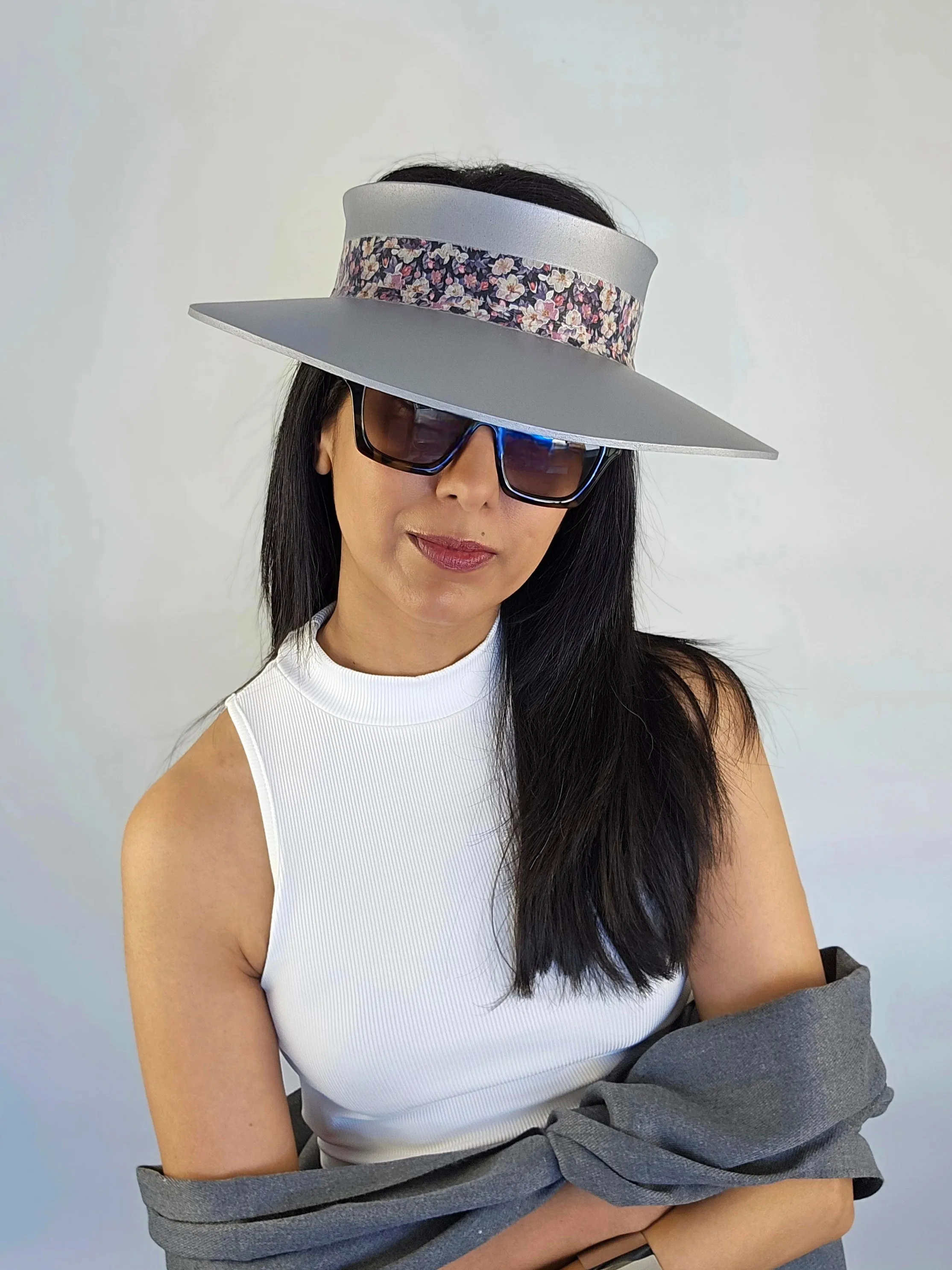 Silver "LadyEVA" Visor Hat with Lovely Dark Floral Band