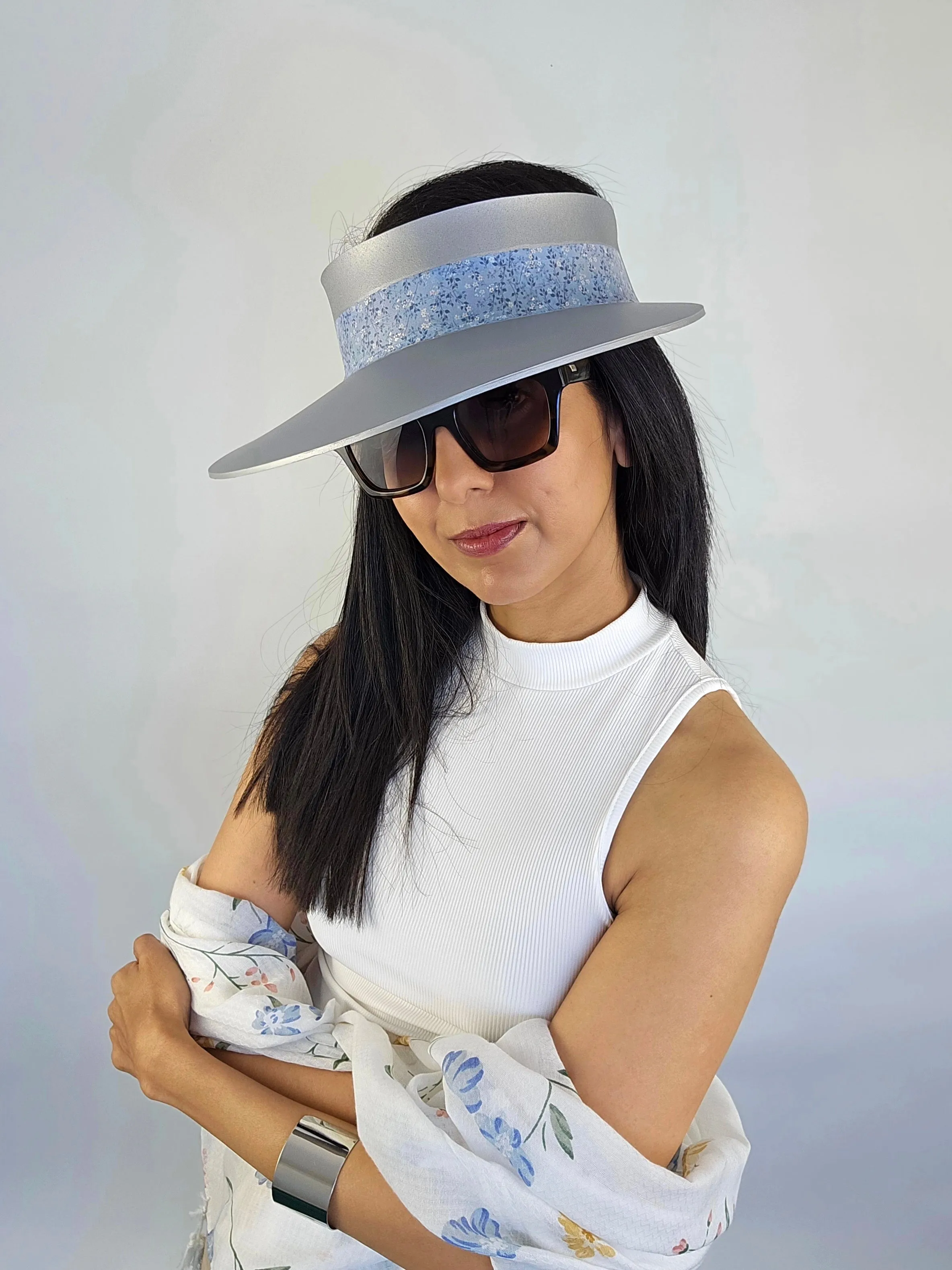 Silver "LadyEVA" Visor Hat with Lovely Light Blue Floral Band