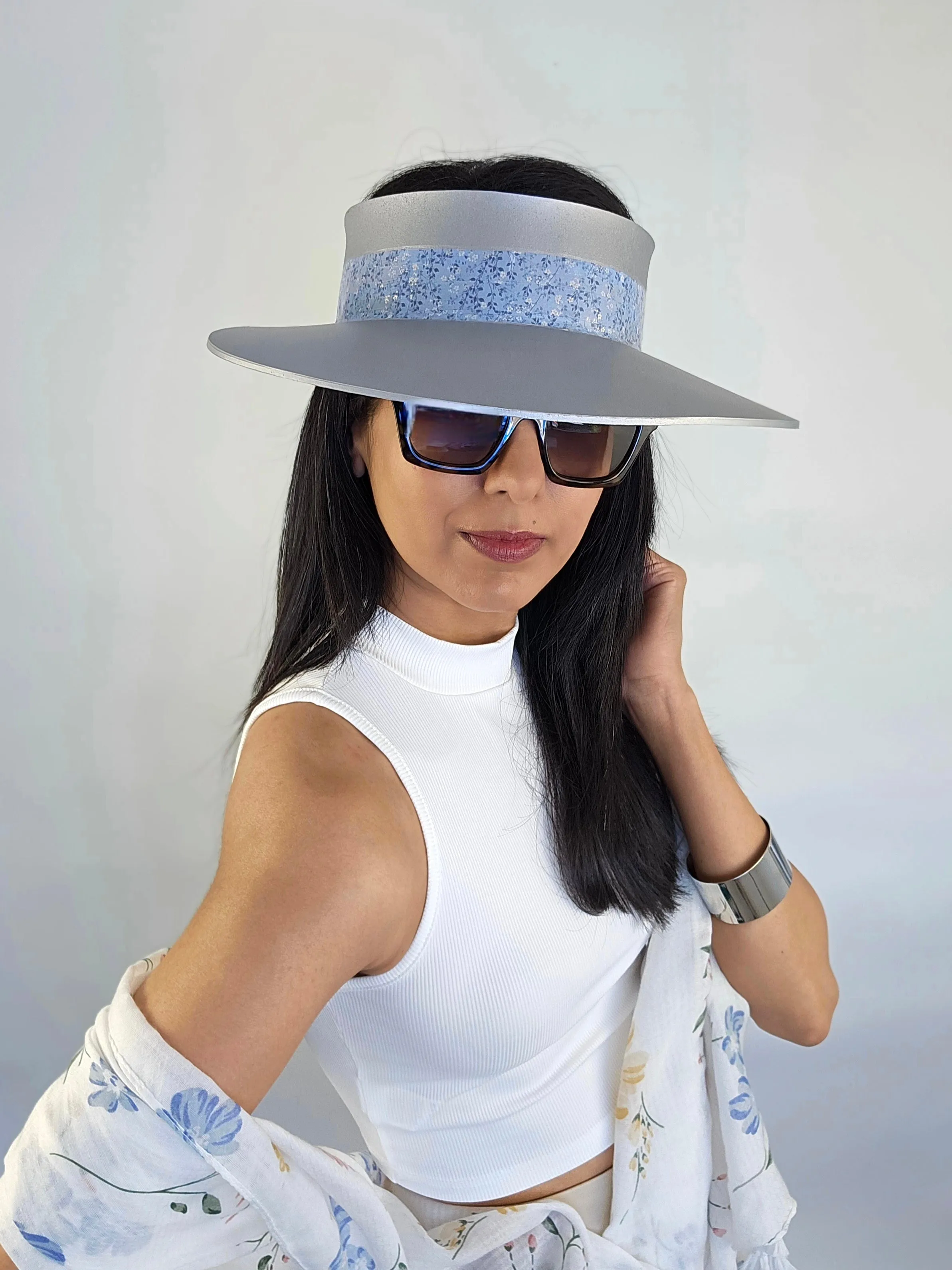 Silver "LadyEVA" Visor Hat with Lovely Light Blue Floral Band