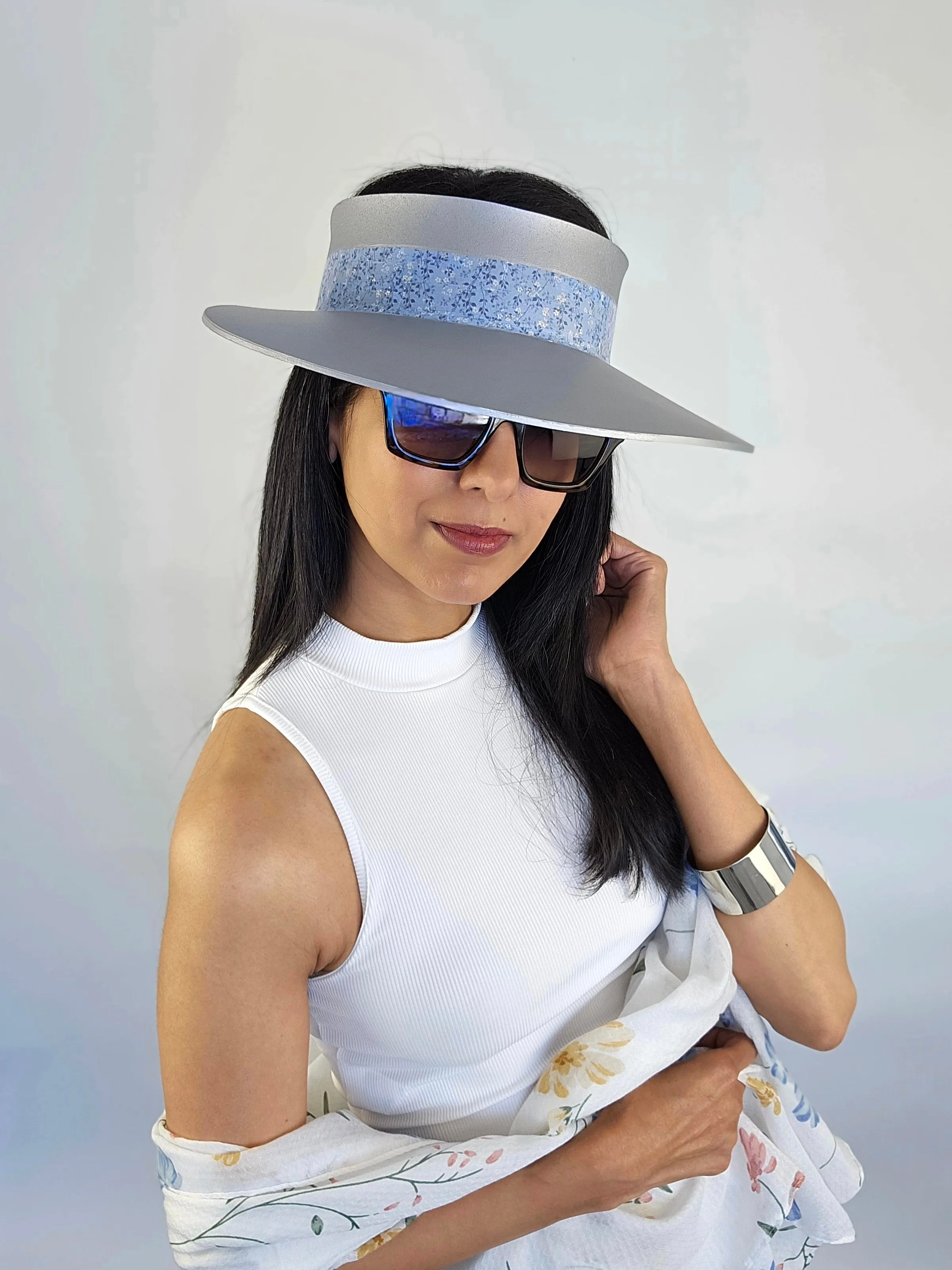 Silver "LadyEVA" Visor Hat with Lovely Light Blue Floral Band