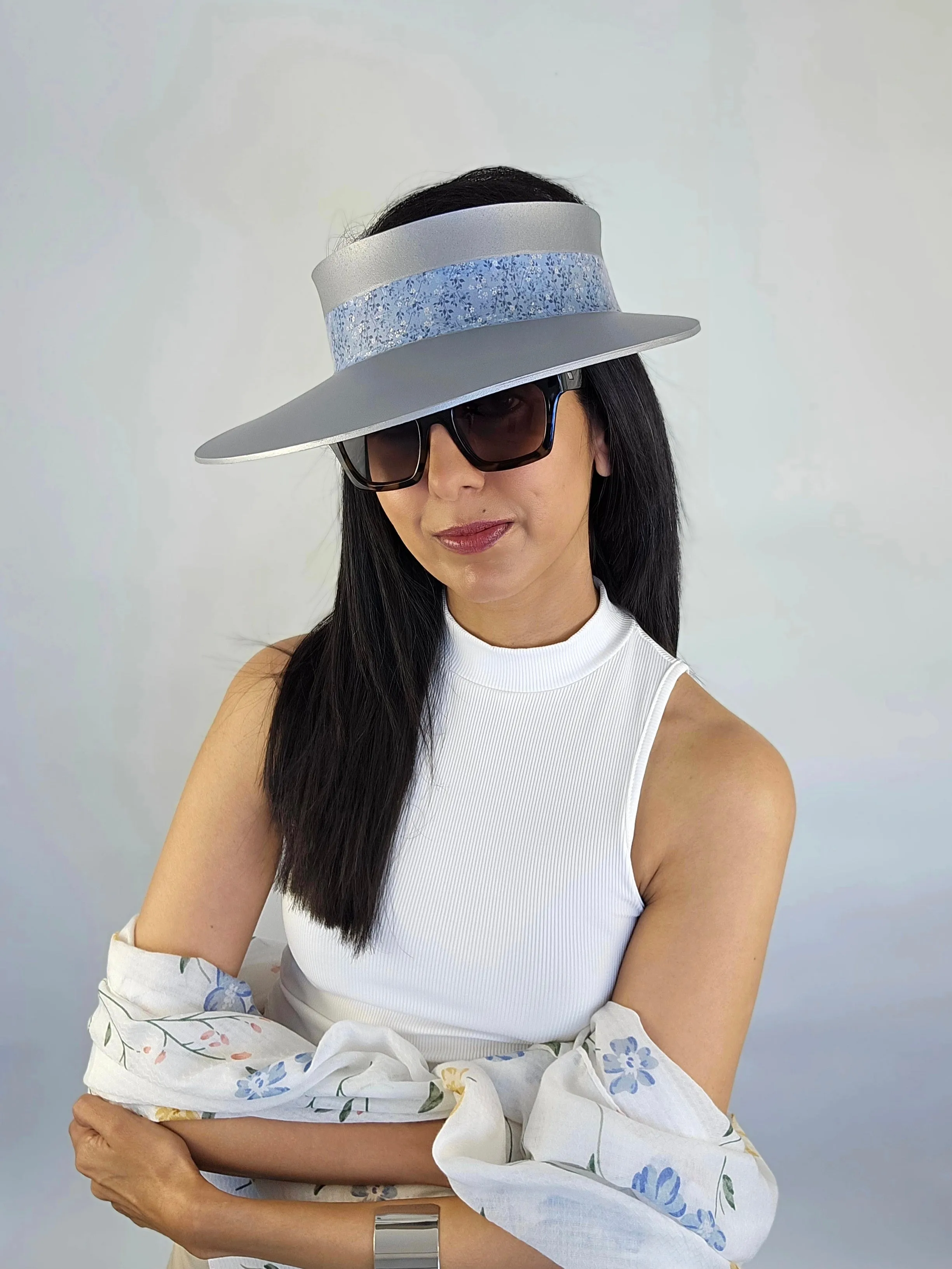 Silver "LadyEVA" Visor Hat with Lovely Light Blue Floral Band