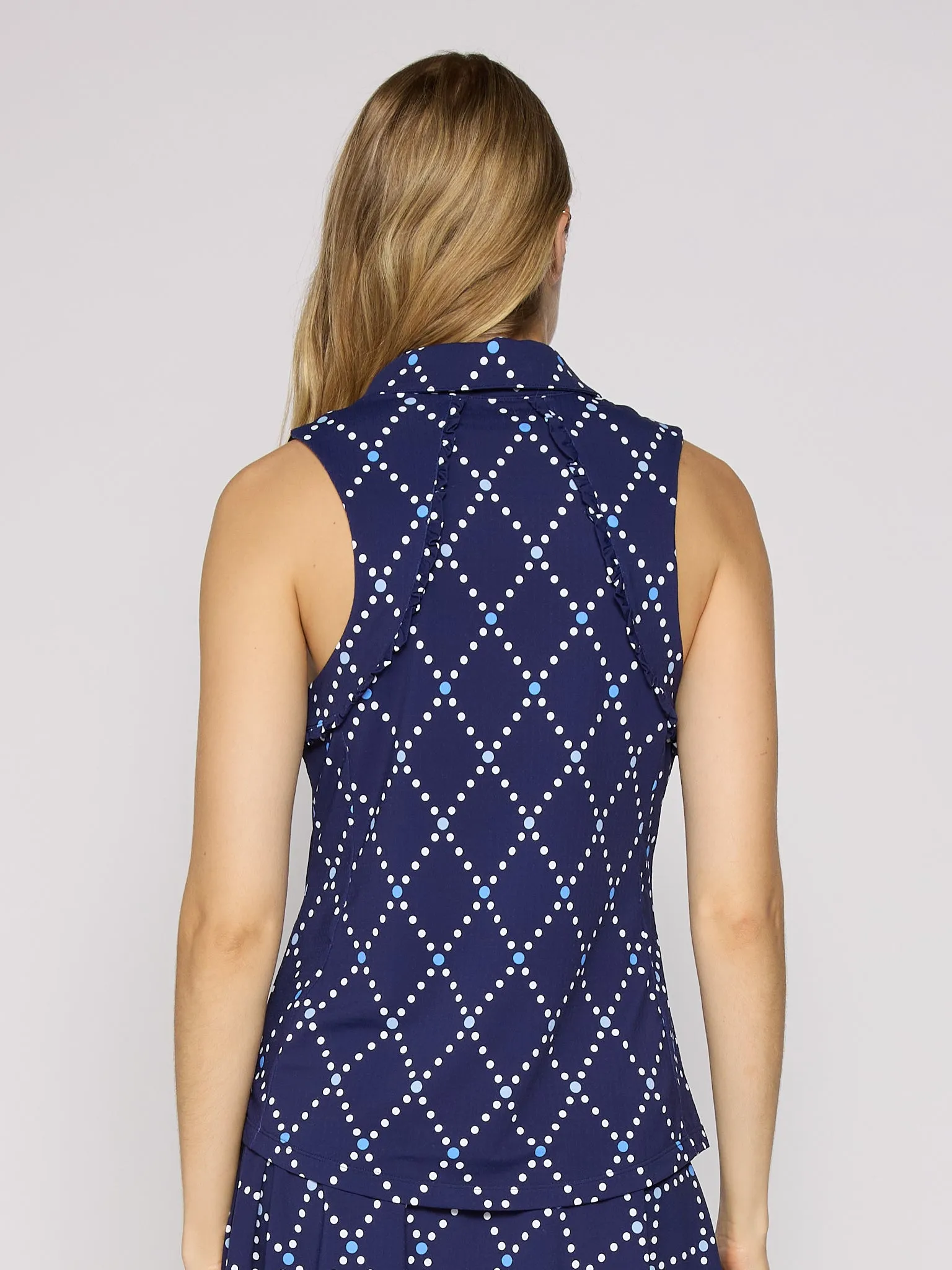 Sleeveless Ruffle Polo Top in Diamond Geo Navy