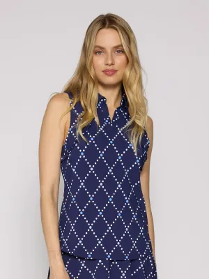 Sleeveless Ruffle Polo Top in Diamond Geo Navy