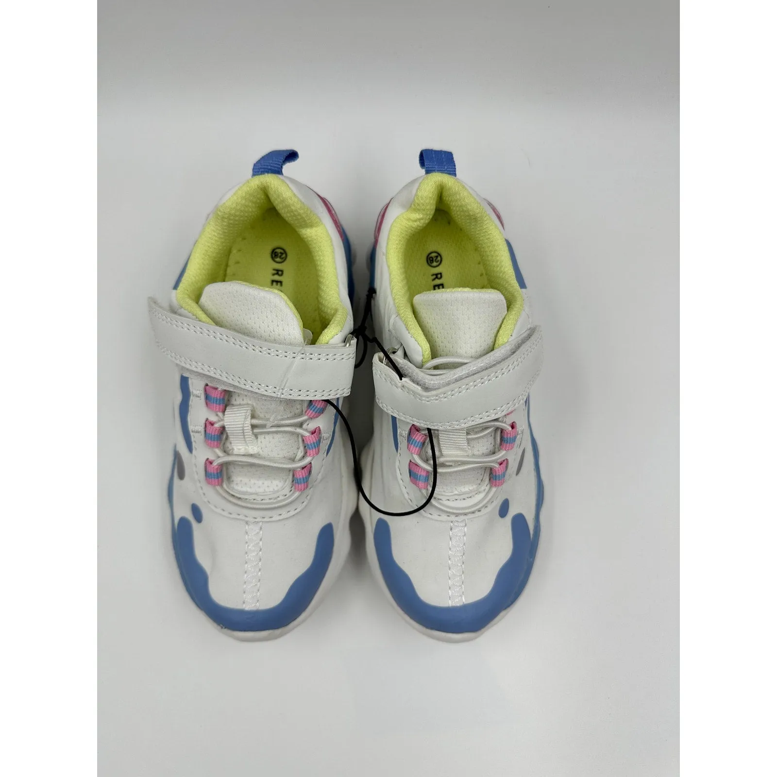 Small Kid/Toddler 11, White Sneakers w/ Blue, Pink & Yellow Accents with Straps