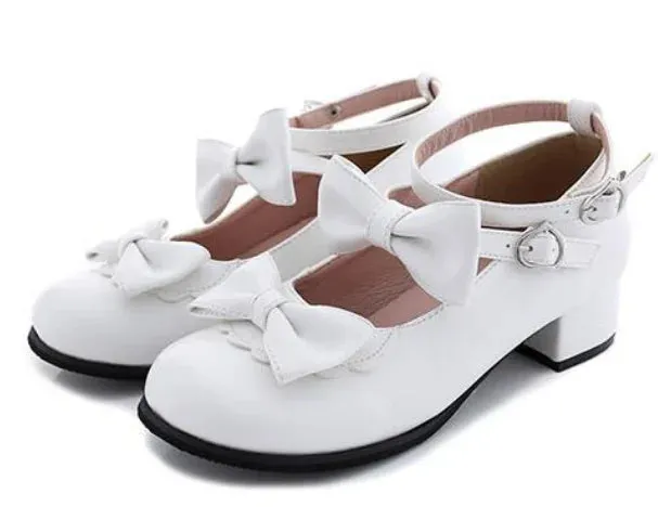 Sohiwoo Japanese sweet lolita shoes round head thick heel cute bowknot one-word buckle kawaii shoes cosplay princess women shoes loli