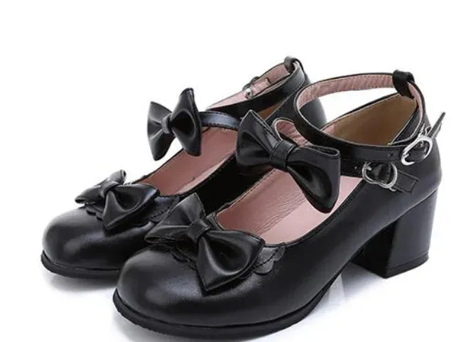 Sohiwoo Japanese sweet lolita shoes round head thick heel cute bowknot one-word buckle kawaii shoes cosplay princess women shoes loli