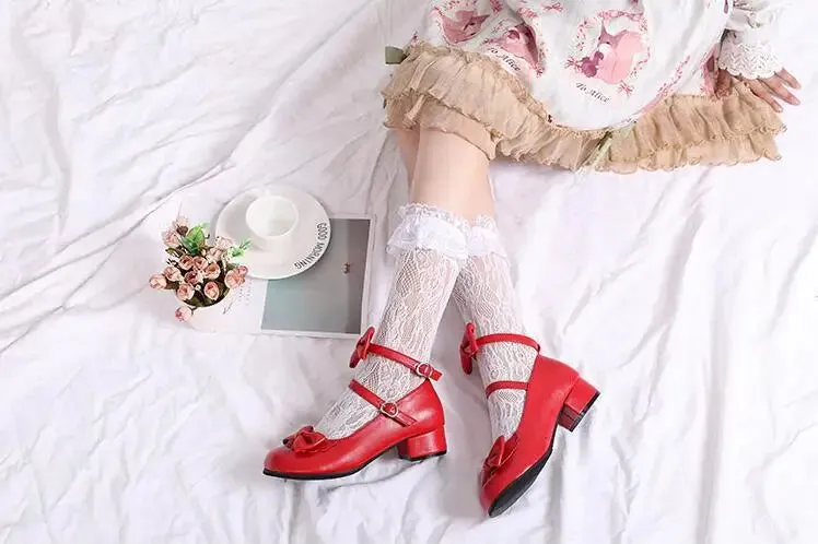 Sohiwoo Japanese sweet lolita shoes round head thick heel cute bowknot one-word buckle kawaii shoes cosplay princess women shoes loli