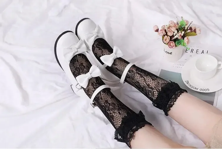 Sohiwoo Japanese sweet lolita shoes round head thick heel cute bowknot one-word buckle kawaii shoes cosplay princess women shoes loli