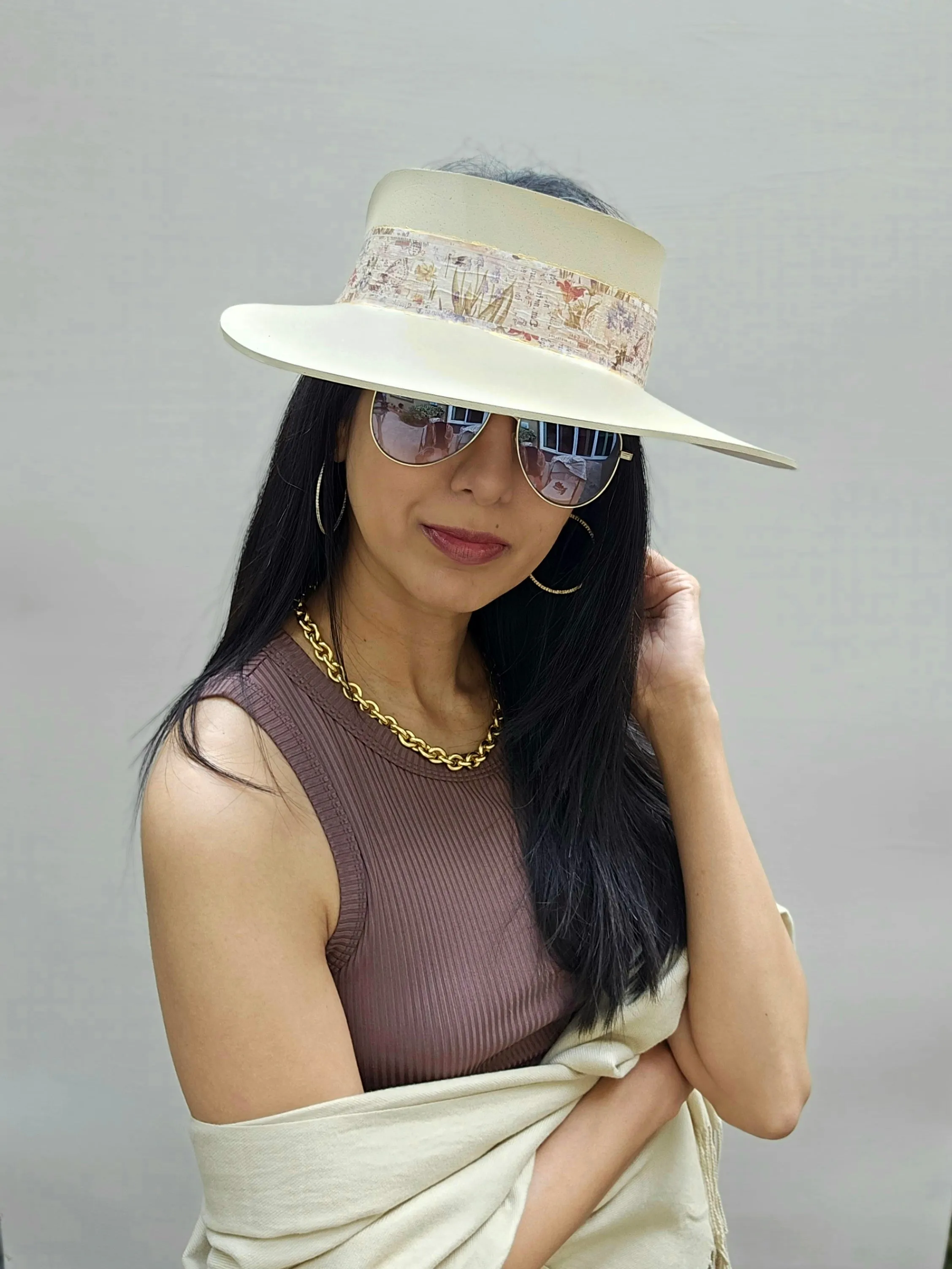 Tall Beige "LadyEVA" Visor Hat with Vintage Botanical Collage Band