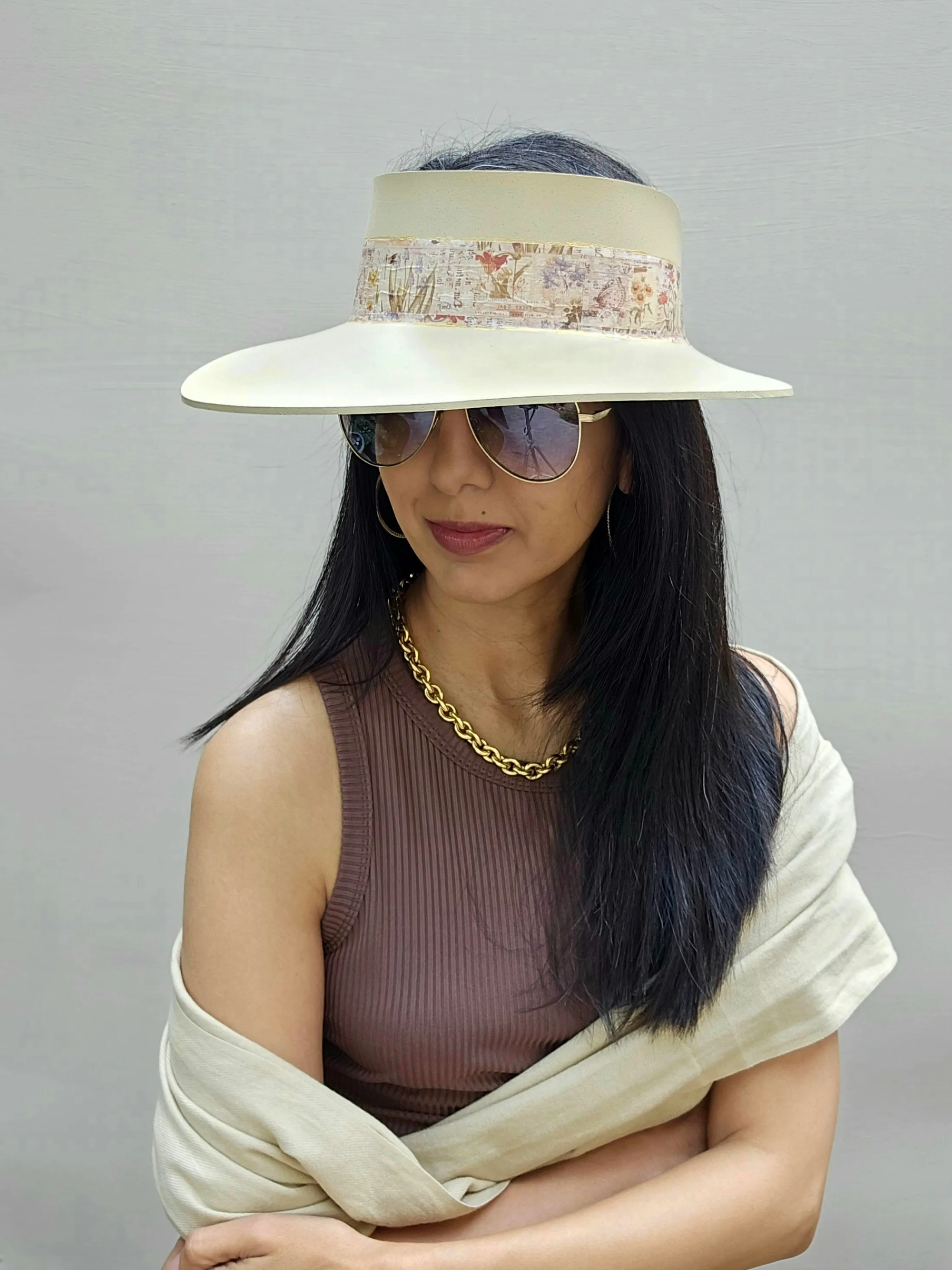 Tall Beige "LadyEVA" Visor Hat with Vintage Botanical Collage Band