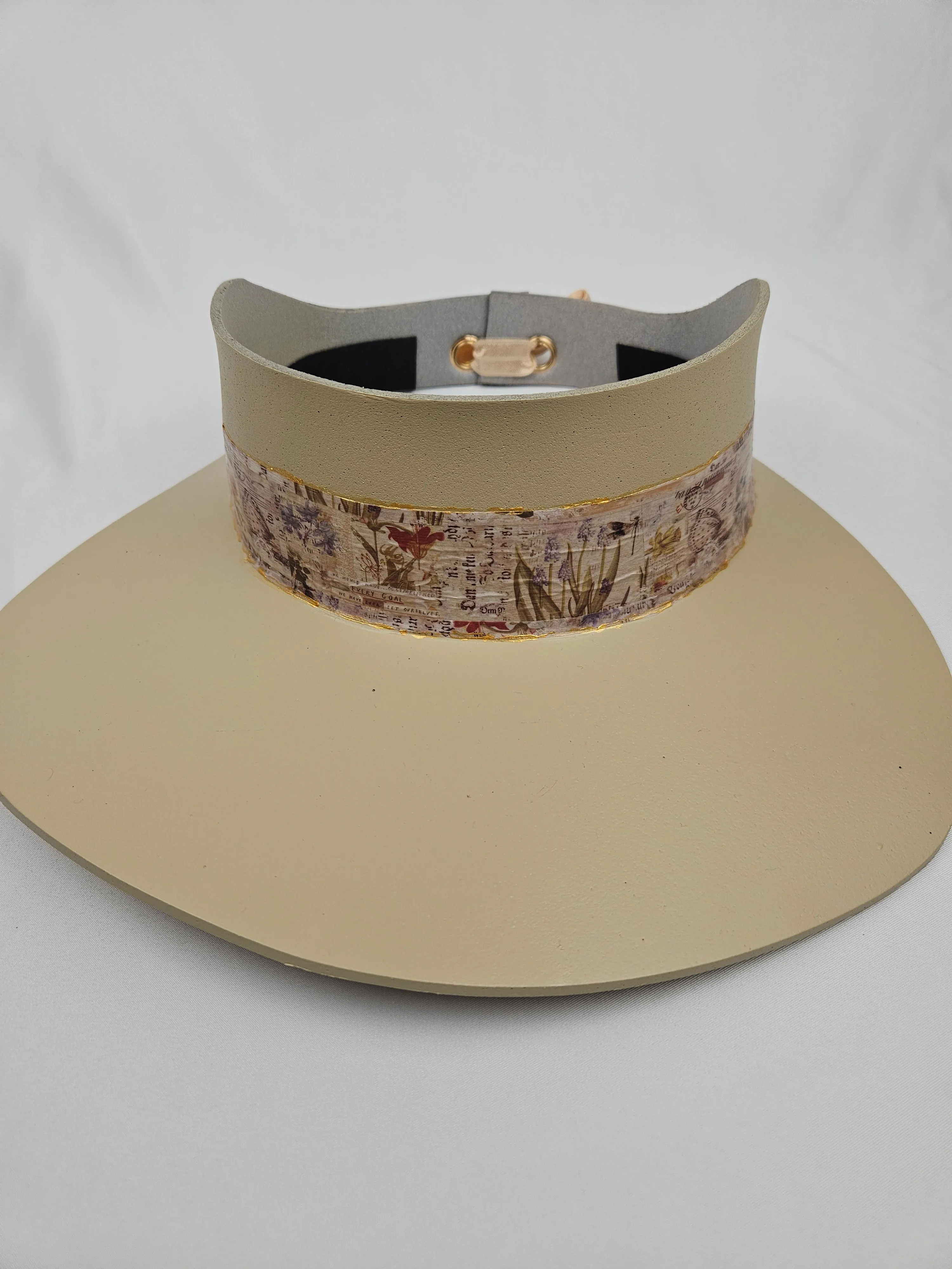 Tall Beige "LadyEVA" Visor Hat with Vintage Botanical Collage Band