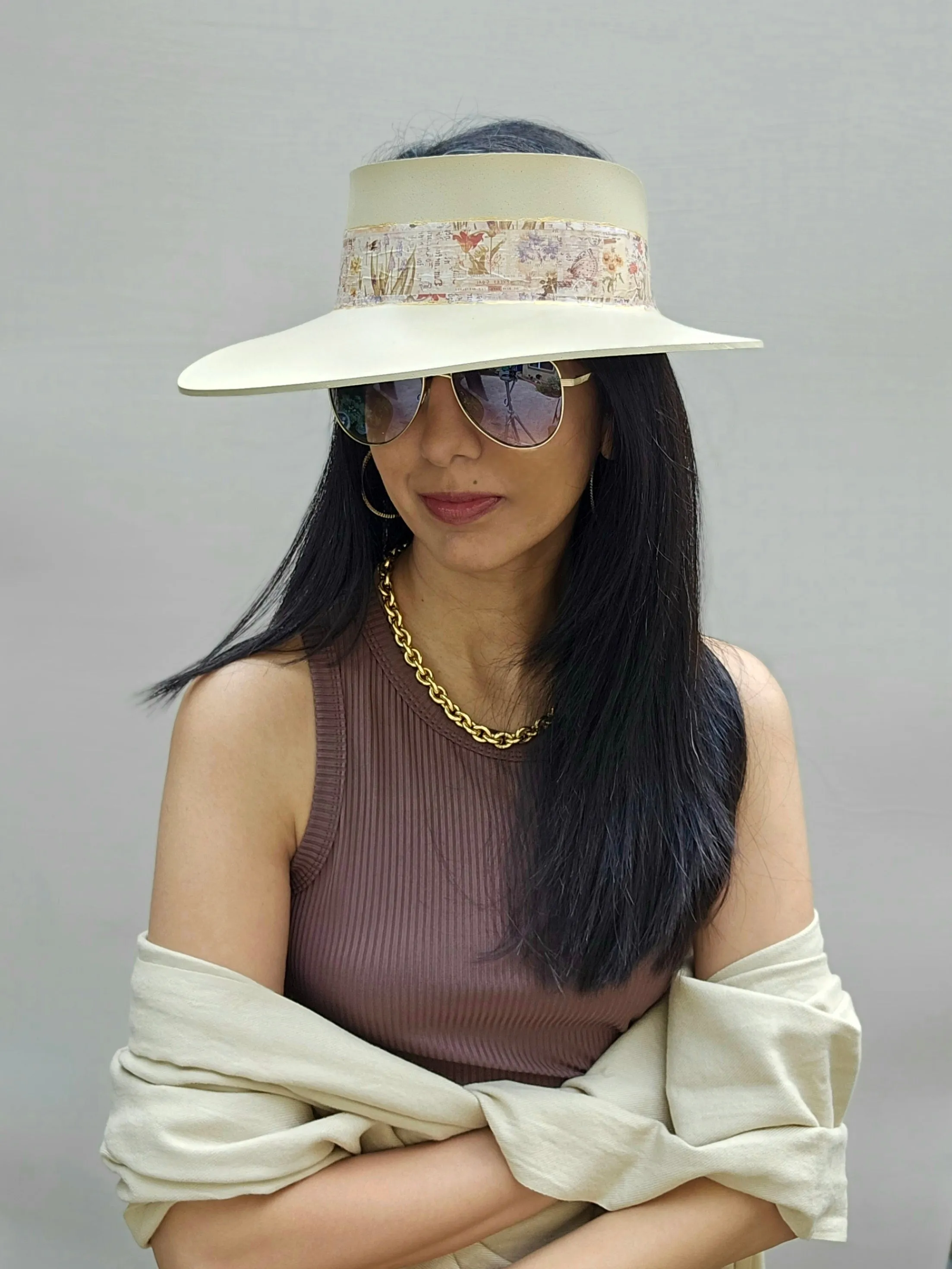 Tall Beige "LadyEVA" Visor Hat with Vintage Botanical Collage Band