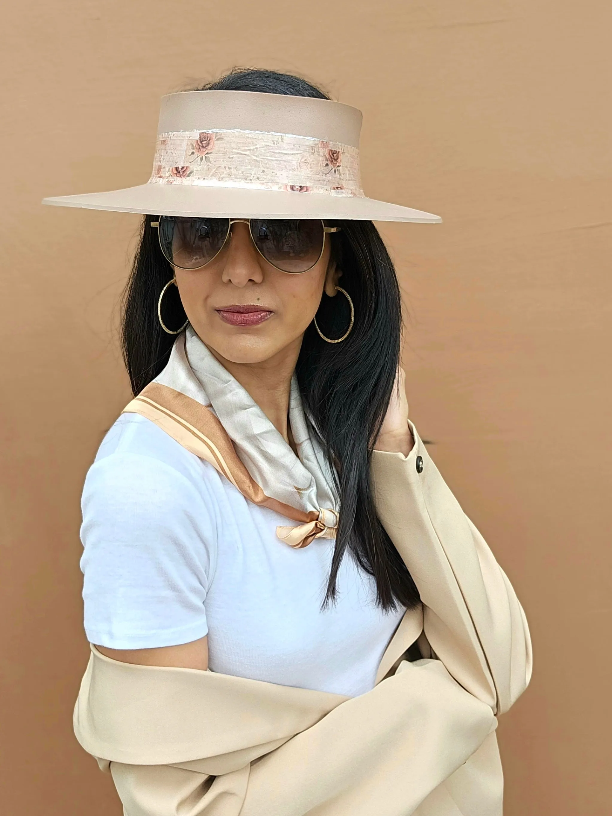 Tall Brown "LadyEVA" Visor Hat with Delicate Burgundy Floral Band