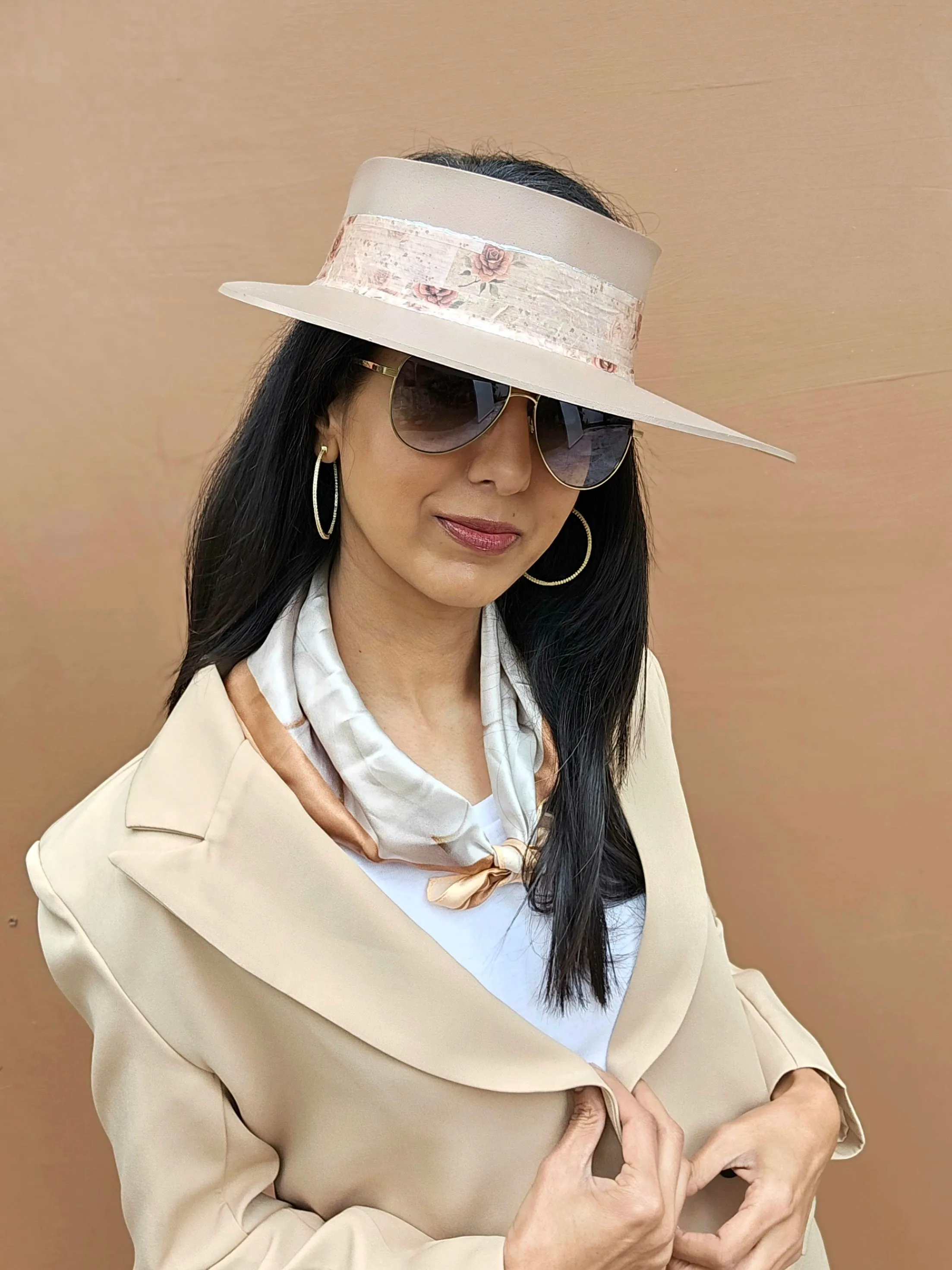 Tall Brown "LadyEVA" Visor Hat with Delicate Burgundy Floral Band