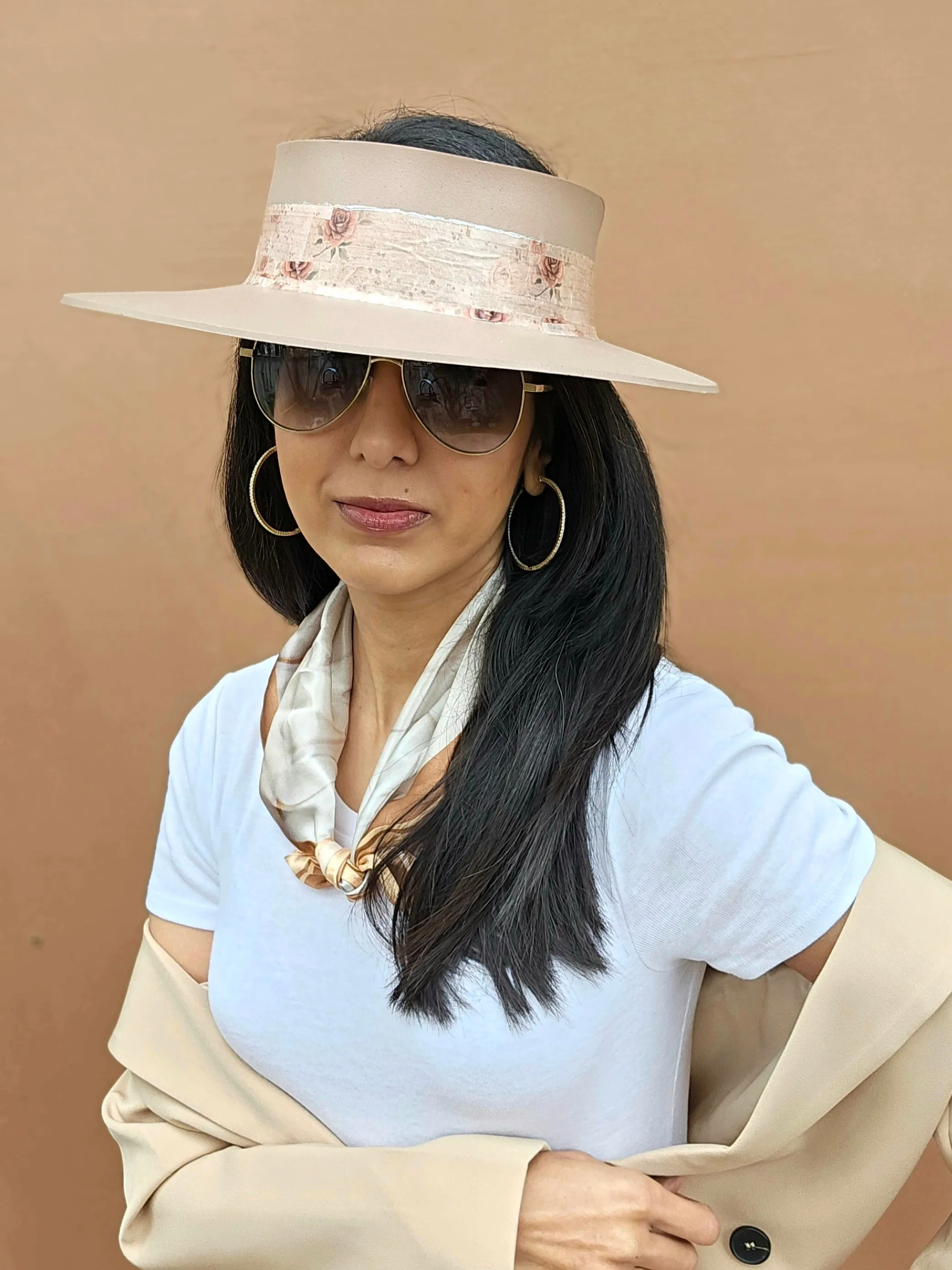 Tall Brown "LadyEVA" Visor Hat with Delicate Burgundy Floral Band