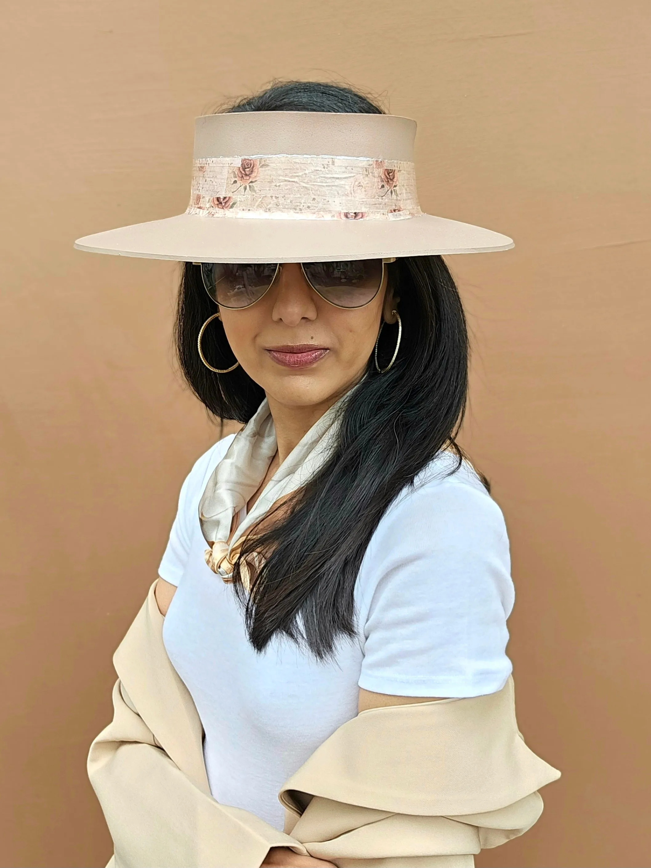 Tall Brown "LadyEVA" Visor Hat with Delicate Burgundy Floral Band