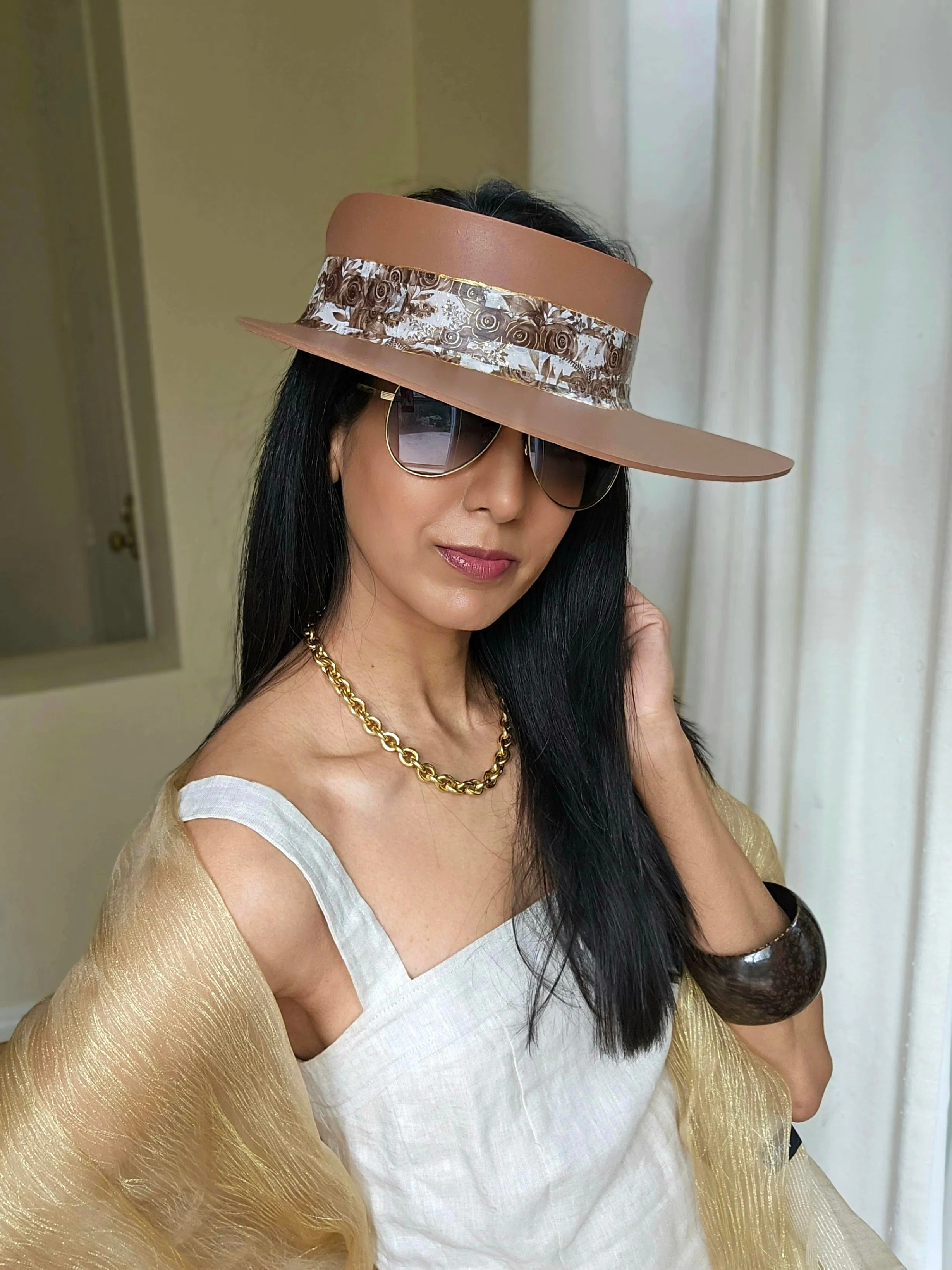 Tall Brown "LadyEVA" Visor Hat with Earthy Brown Floral Band