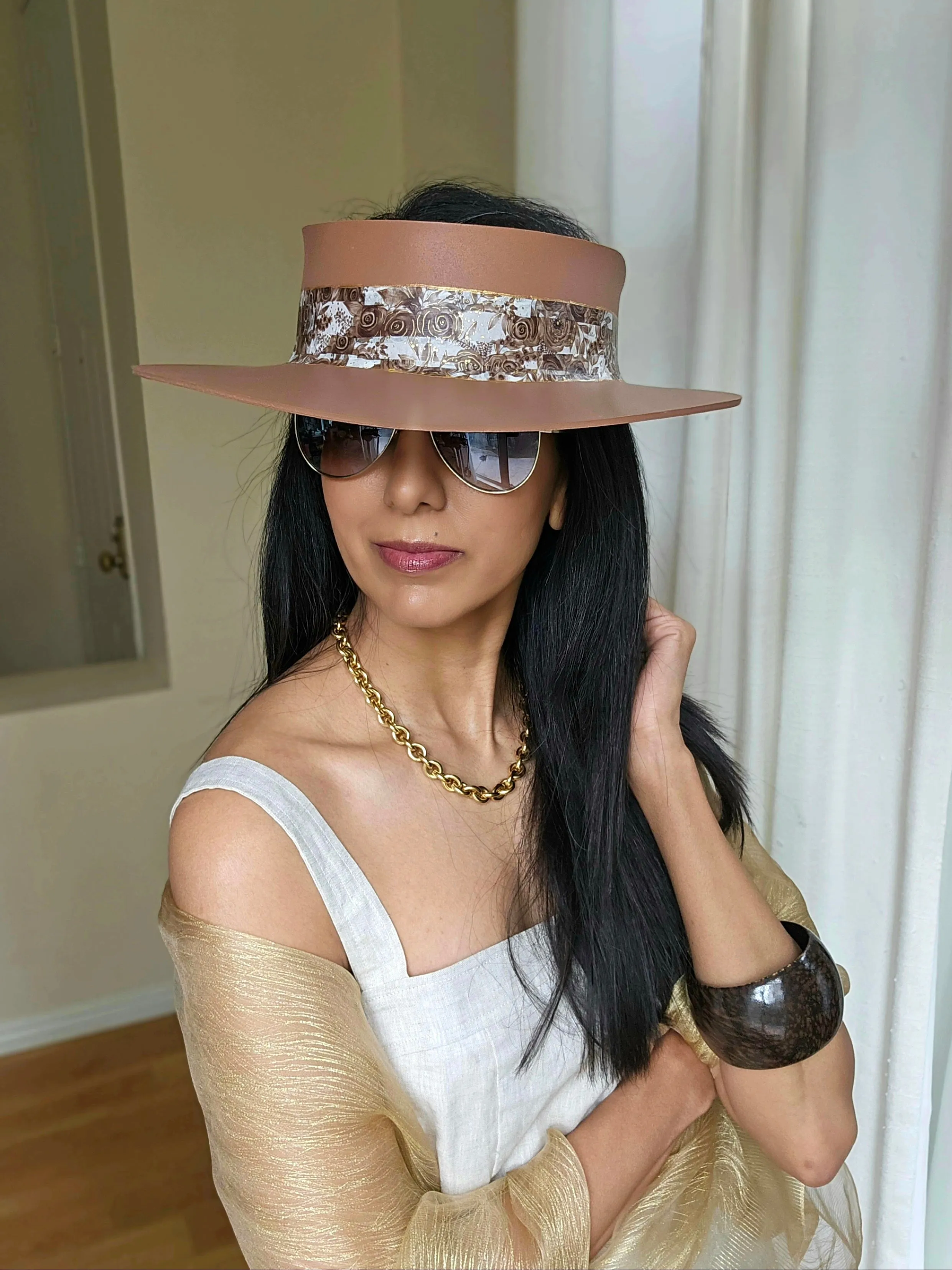 Tall Brown "LadyEVA" Visor Hat with Earthy Brown Floral Band