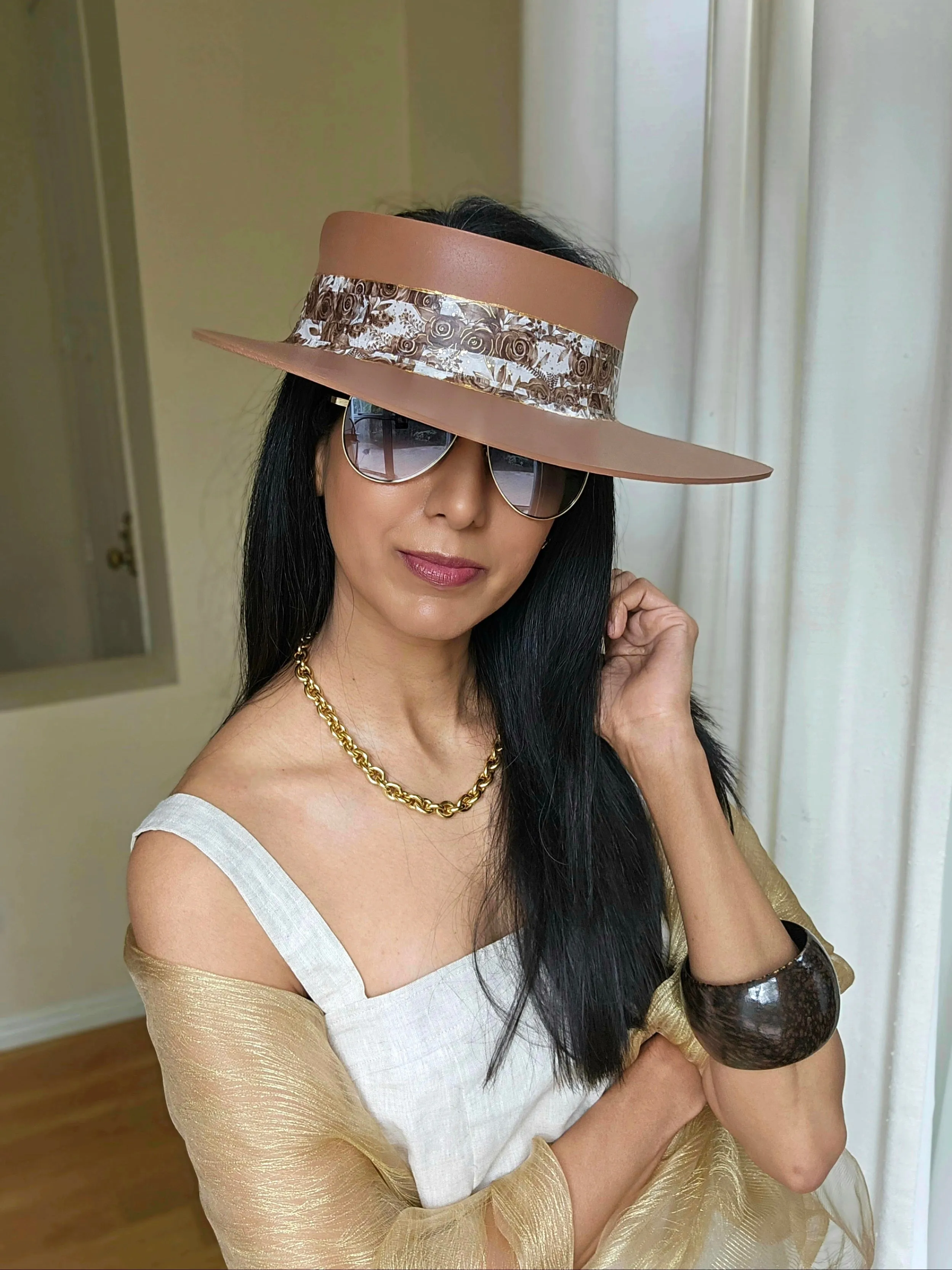 Tall Brown "LadyEVA" Visor Hat with Earthy Brown Floral Band