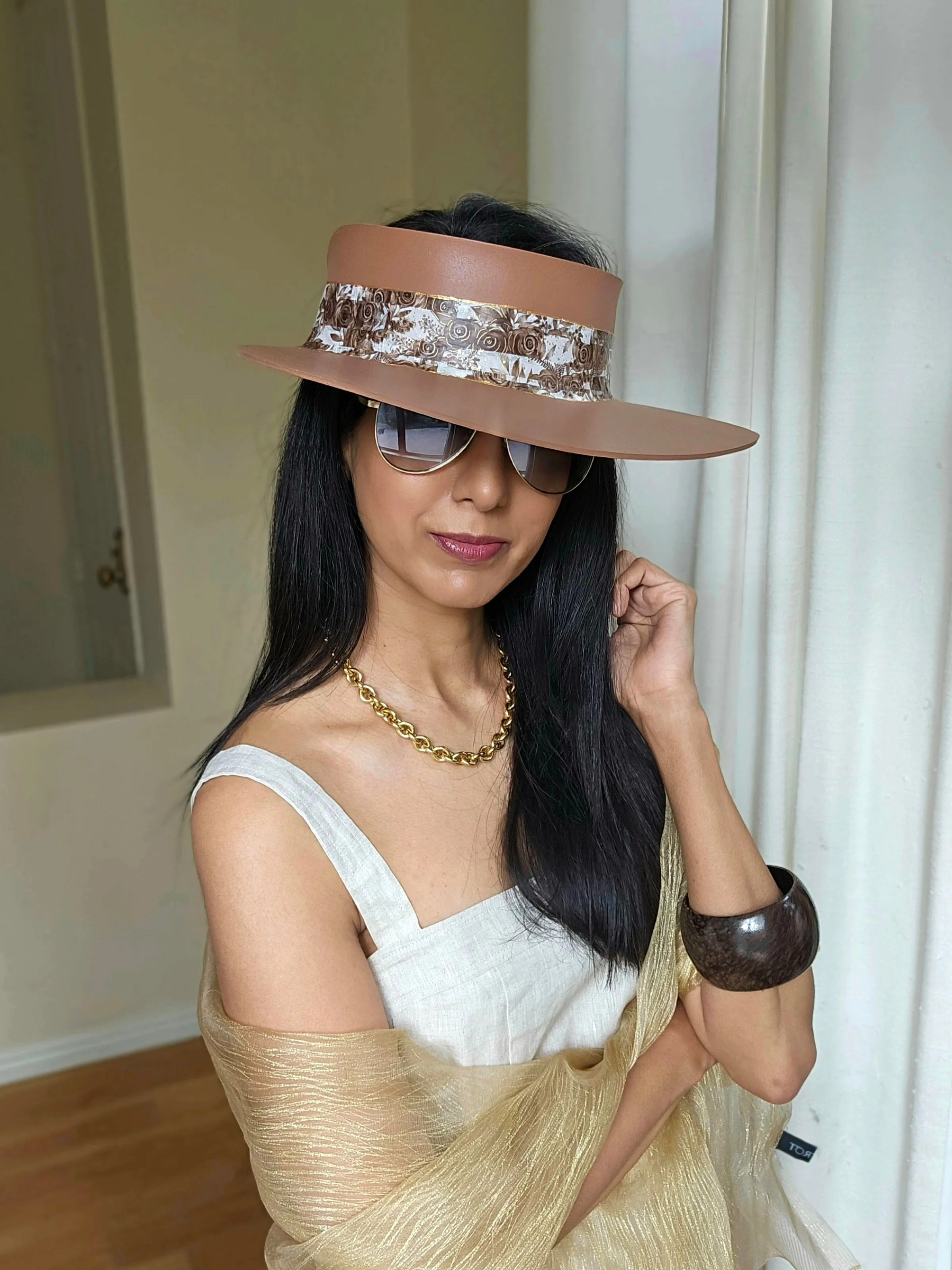 Tall Brown "LadyEVA" Visor Hat with Earthy Brown Floral Band