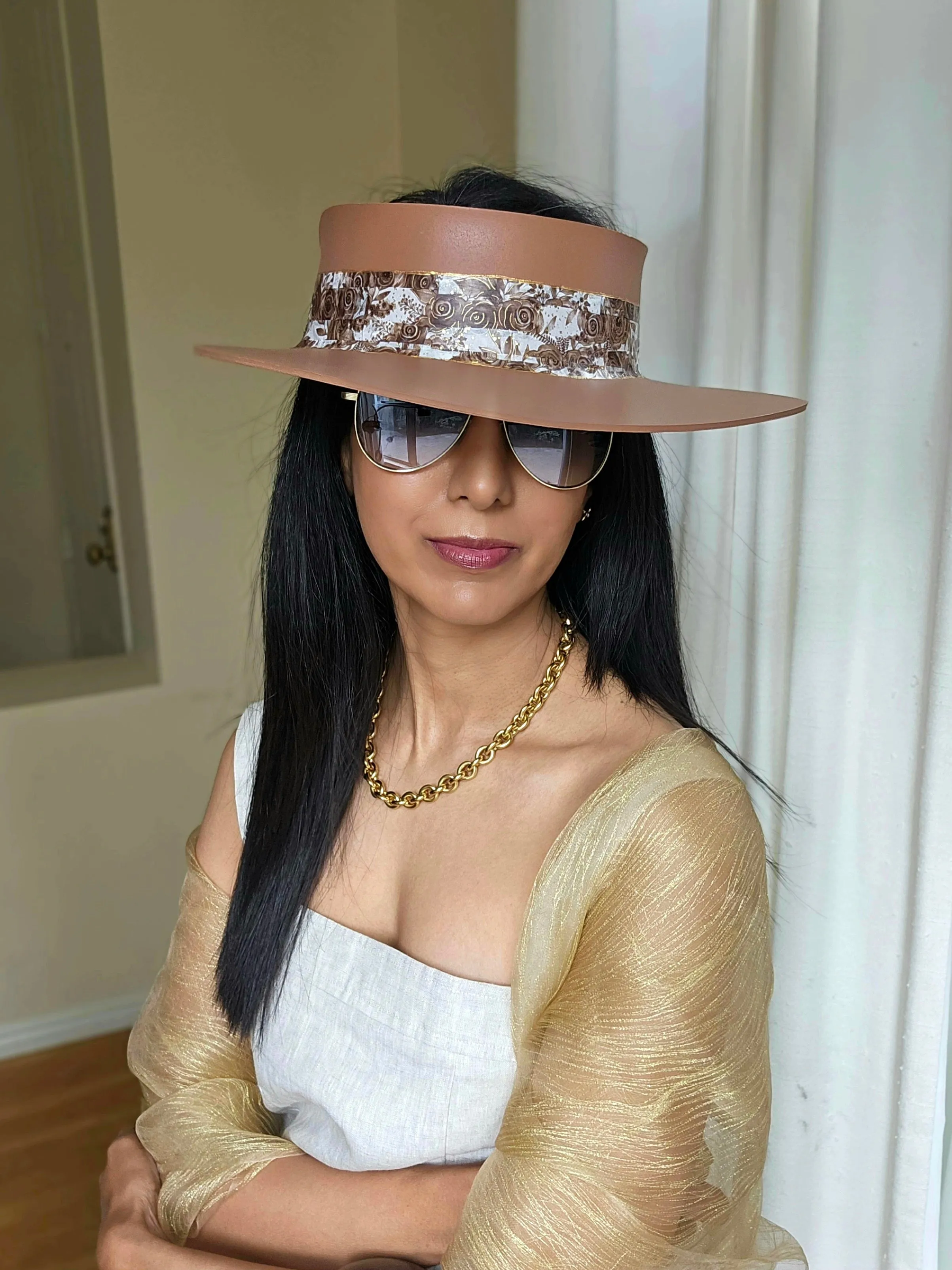 Tall Brown "LadyEVA" Visor Hat with Earthy Brown Floral Band