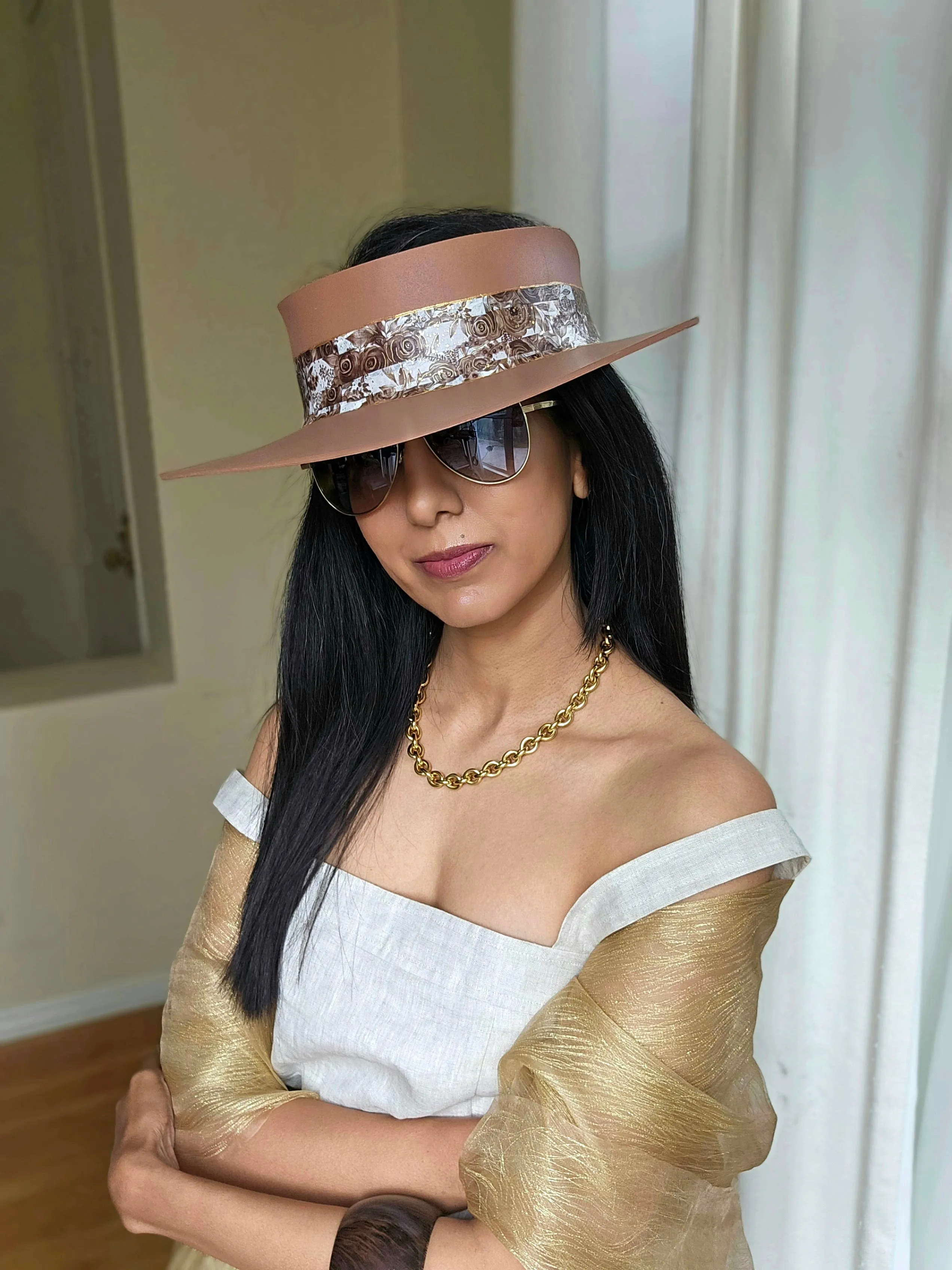 Tall Brown "LadyEVA" Visor Hat with Earthy Brown Floral Band