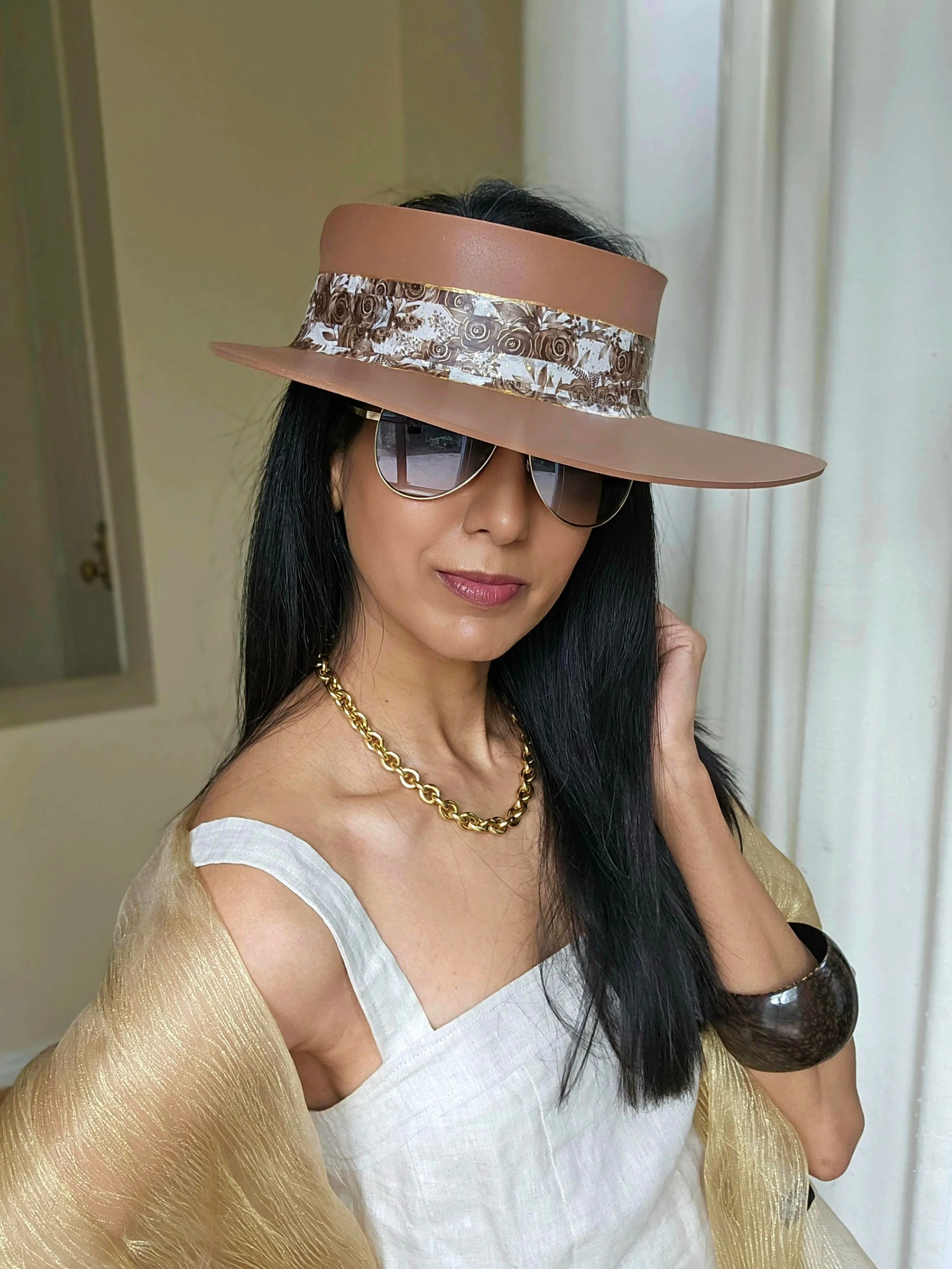 Tall Brown "LadyEVA" Visor Hat with Earthy Brown Floral Band