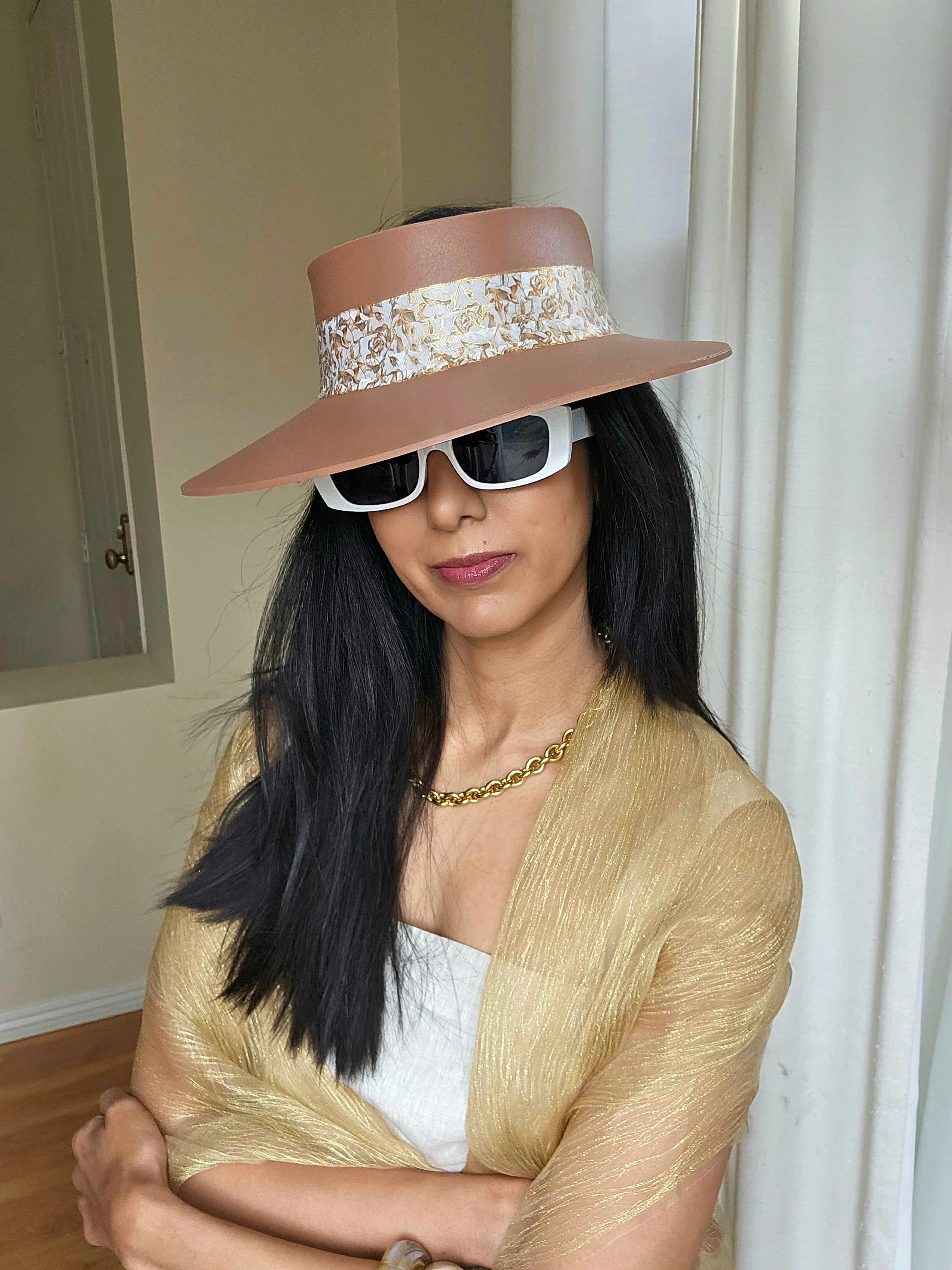 Tall Brown "LadyEVA" Visor Hat with Elegant Gold and White Floral Band