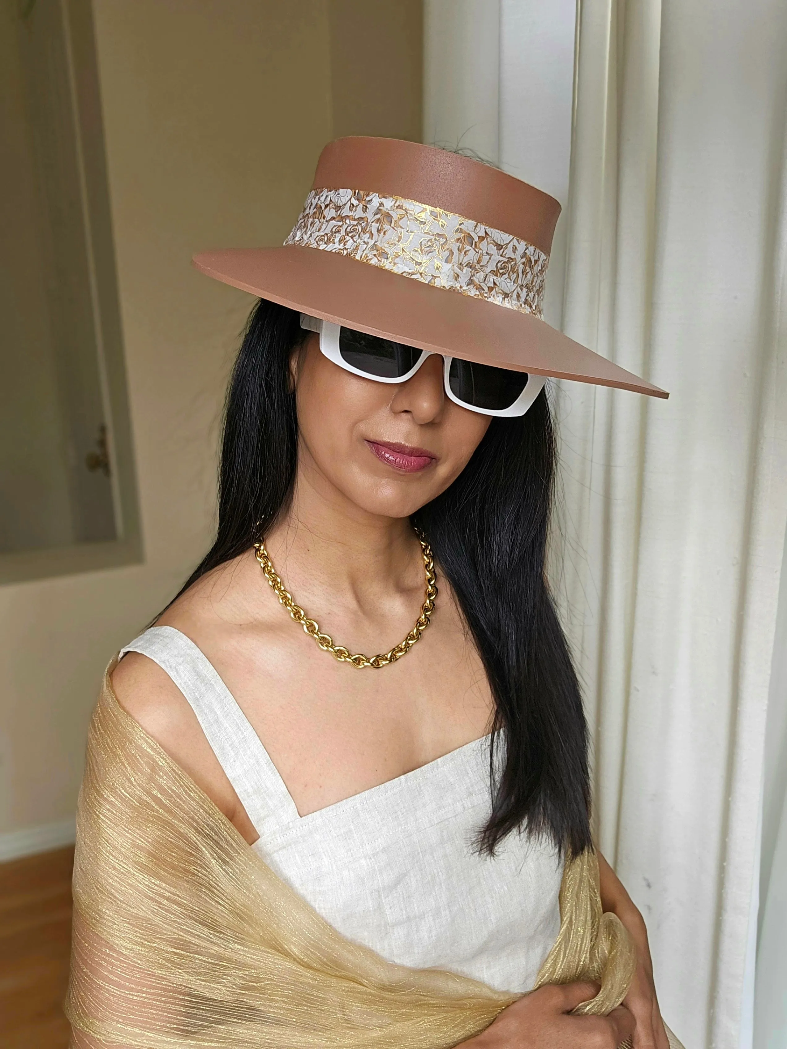 Tall Brown "LadyEVA" Visor Hat with Elegant Gold and White Floral Band