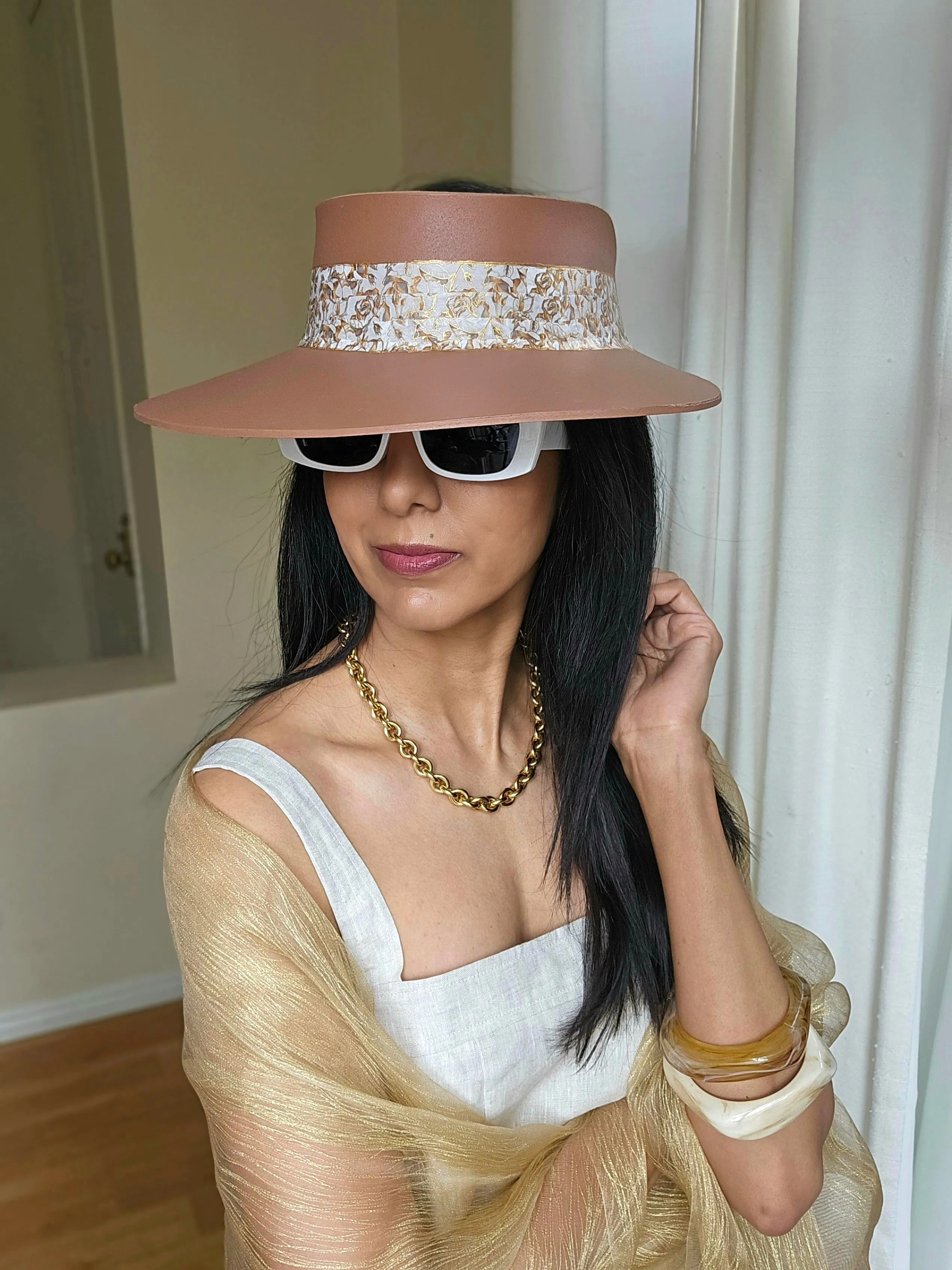 Tall Brown "LadyEVA" Visor Hat with Elegant Gold and White Floral Band