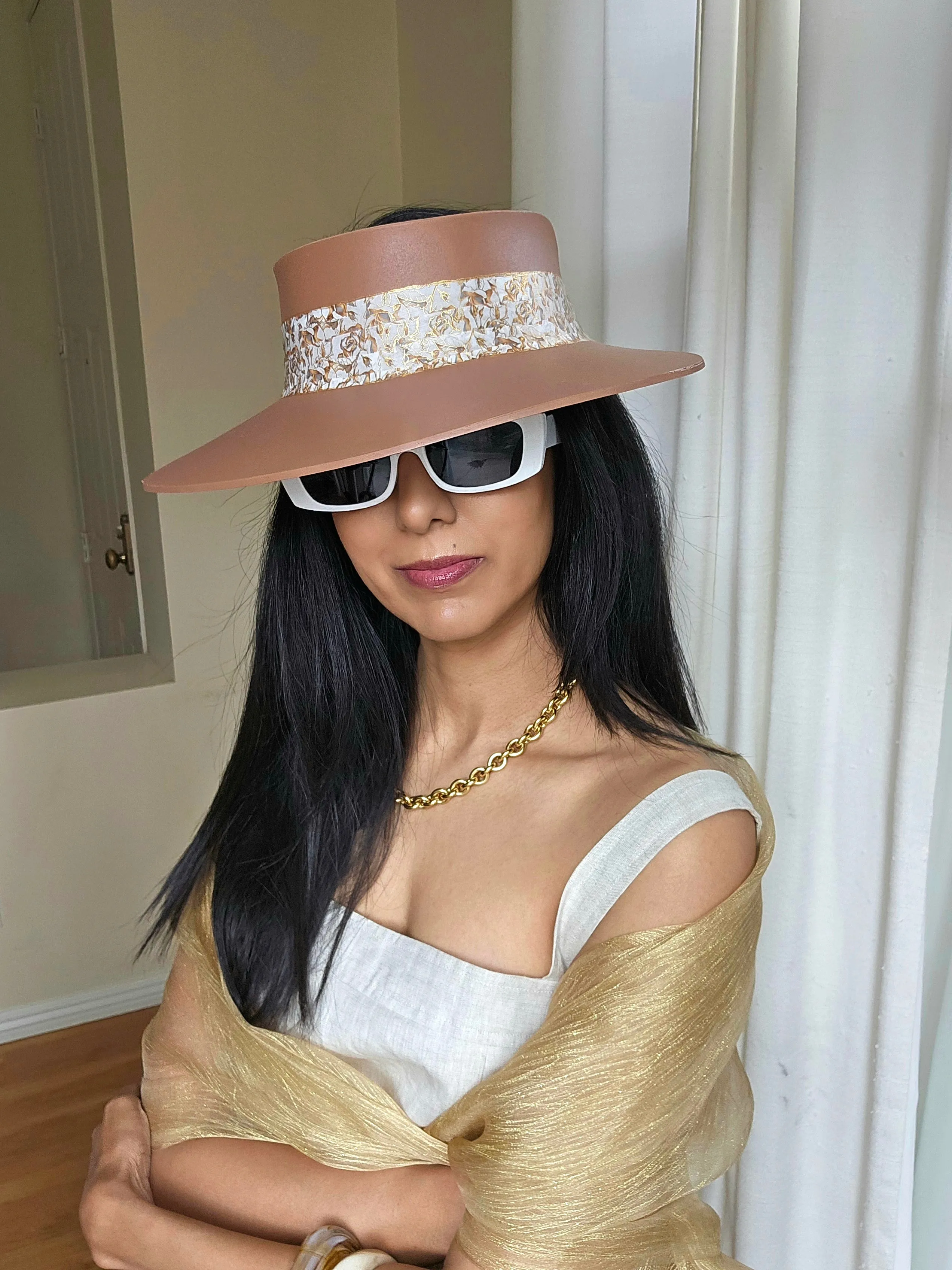 Tall Brown "LadyEVA" Visor Hat with Elegant Gold and White Floral Band