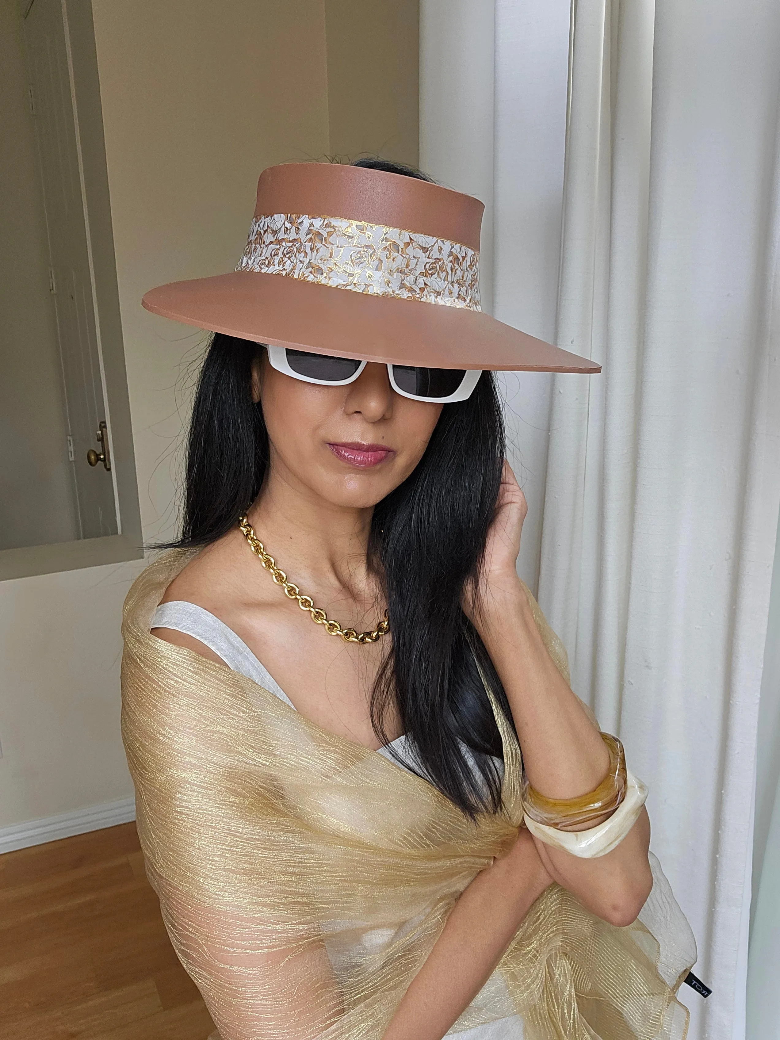 Tall Brown "LadyEVA" Visor Hat with Elegant Gold and White Floral Band