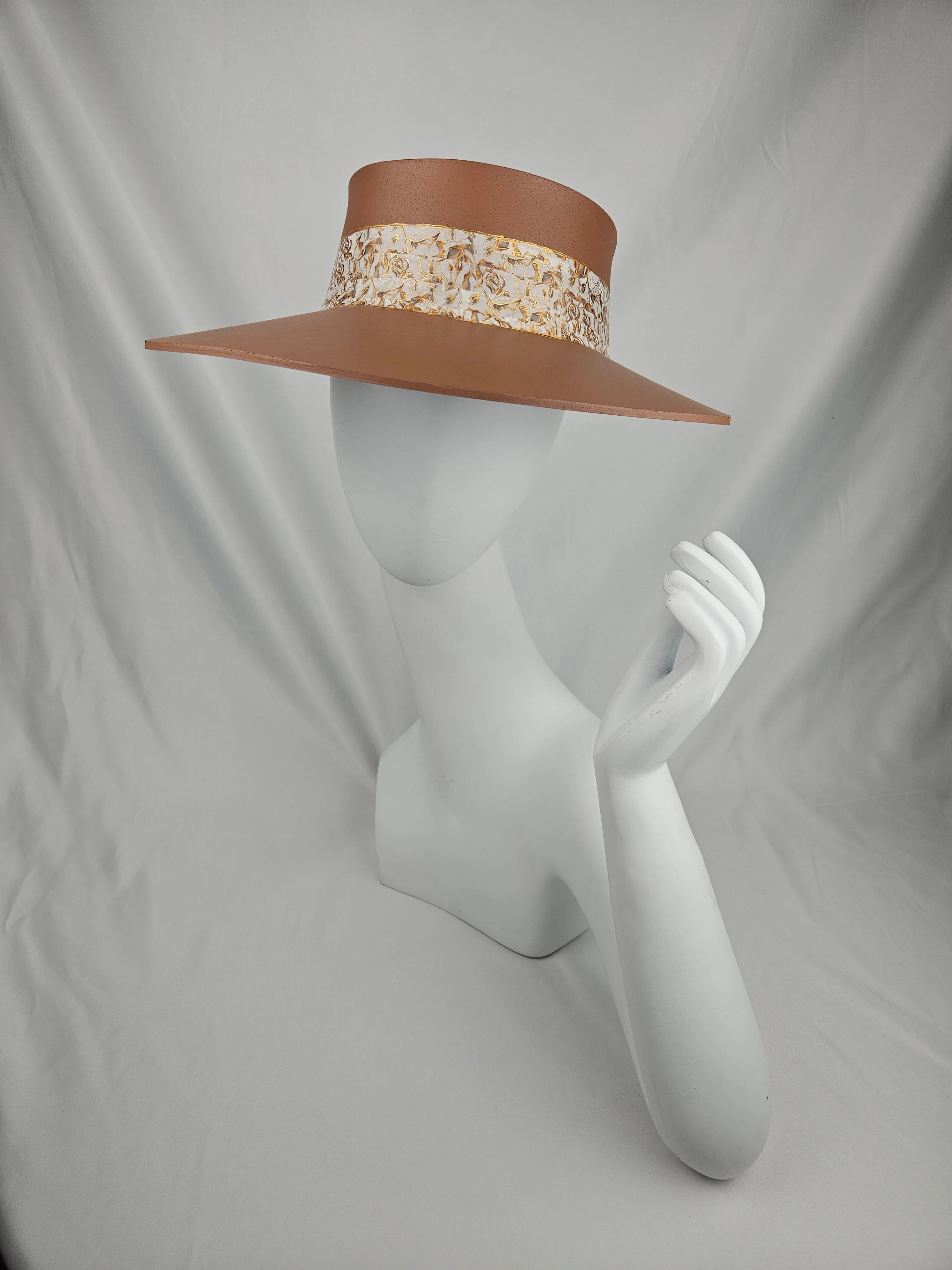 Tall Brown "LadyEVA" Visor Hat with Elegant Gold and White Floral Band